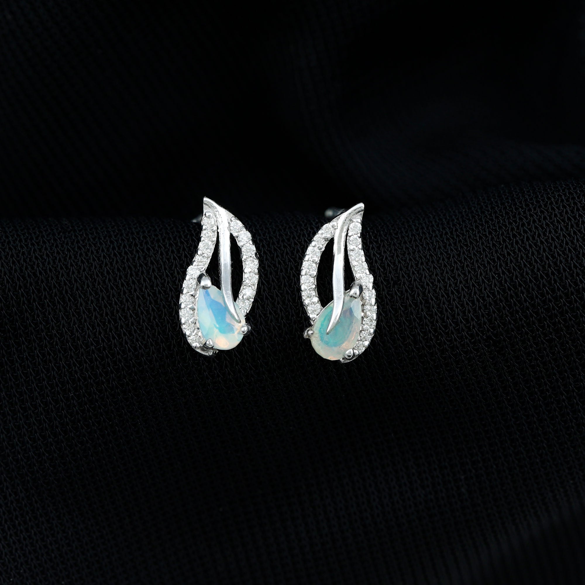 Pear Shape Ethiopian Opal Leaf Stud Earrings with Moissanite AAA - Rosec Jewels