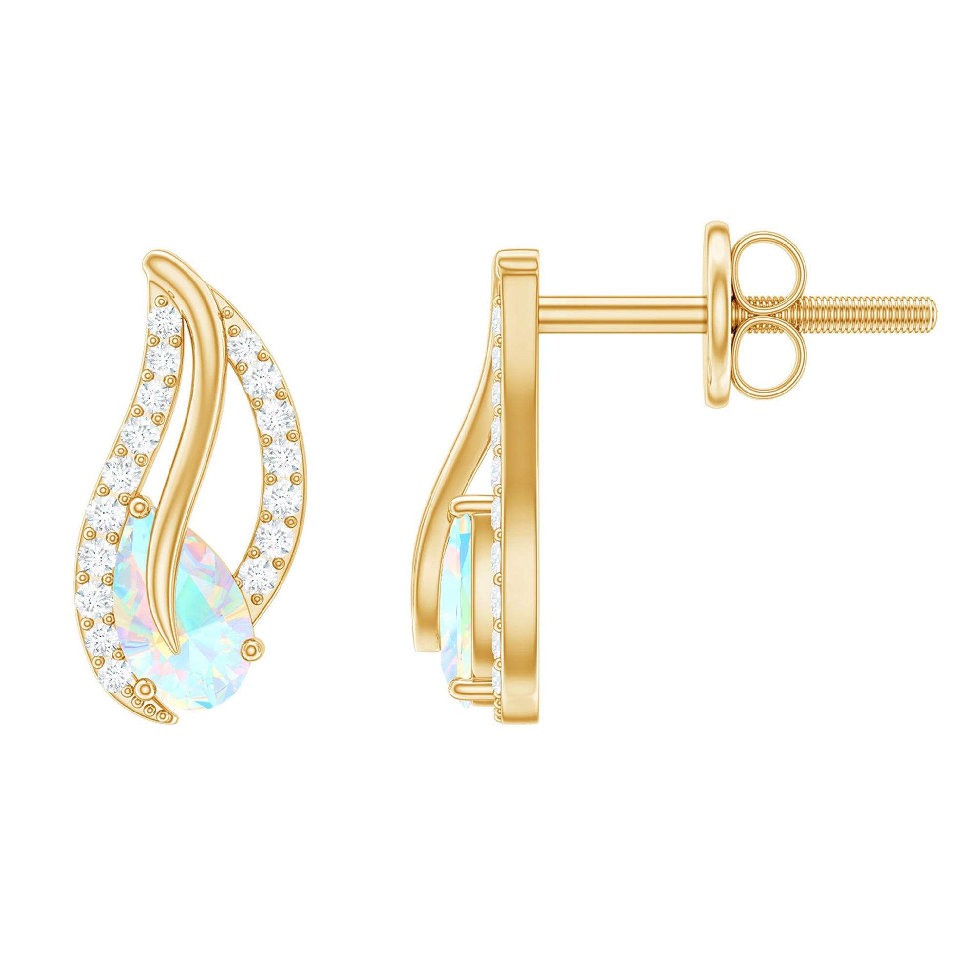 Pear Shape Ethiopian Opal Leaf Stud Earrings with Moissanite AAA - Rosec Jewels