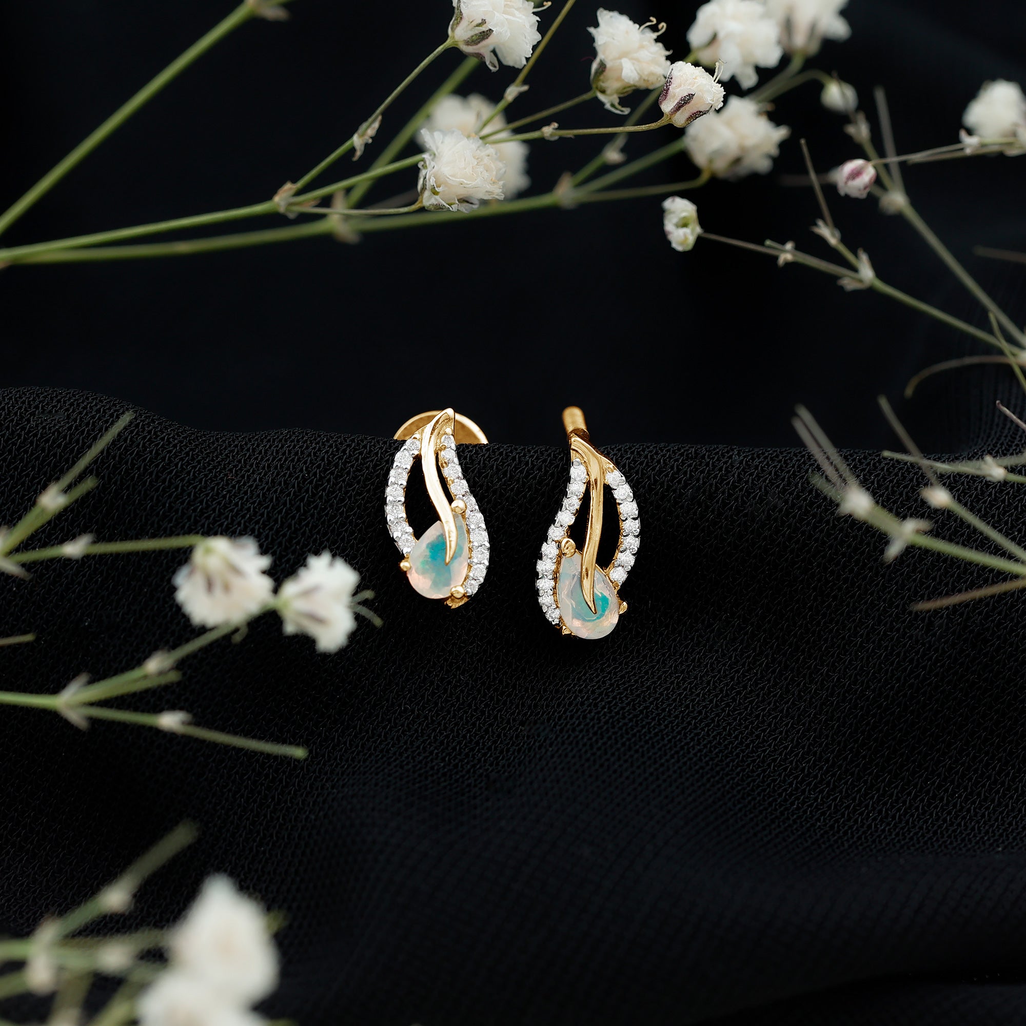 Pear Shape Ethiopian Opal Leaf Stud Earrings with Moissanite AAA - Rosec Jewels