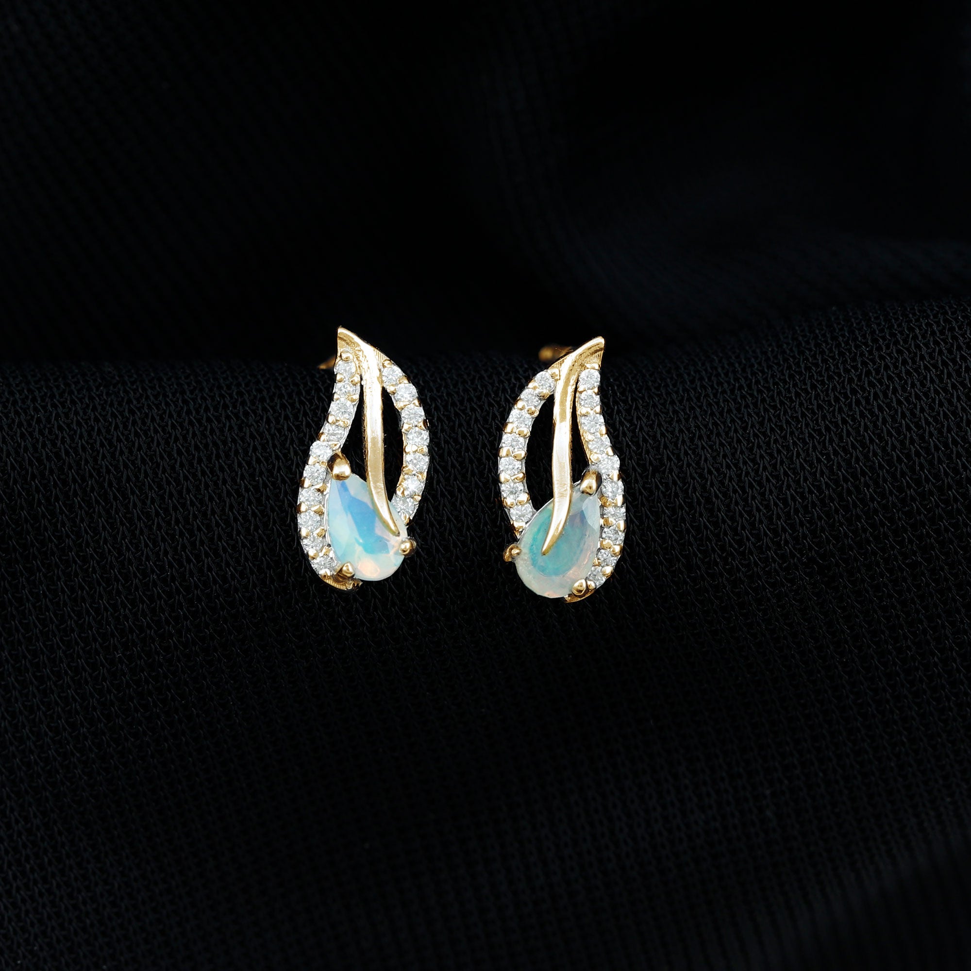 Pear Shape Ethiopian Opal Leaf Stud Earrings with Moissanite AAA - Rosec Jewels