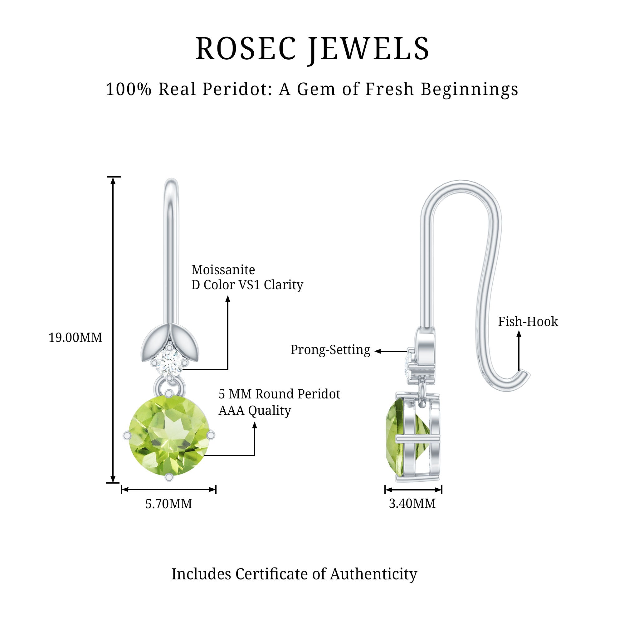 1 Carat Round Peridot and Moissanite Drop Earrings with Fish Hook AAA - Rosec Jewels