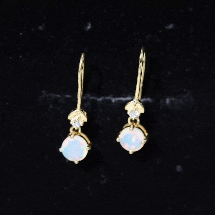 Round Ethiopian Opal and Diamond Drop Earrings with Fish Hook AAA - Rosec Jewels