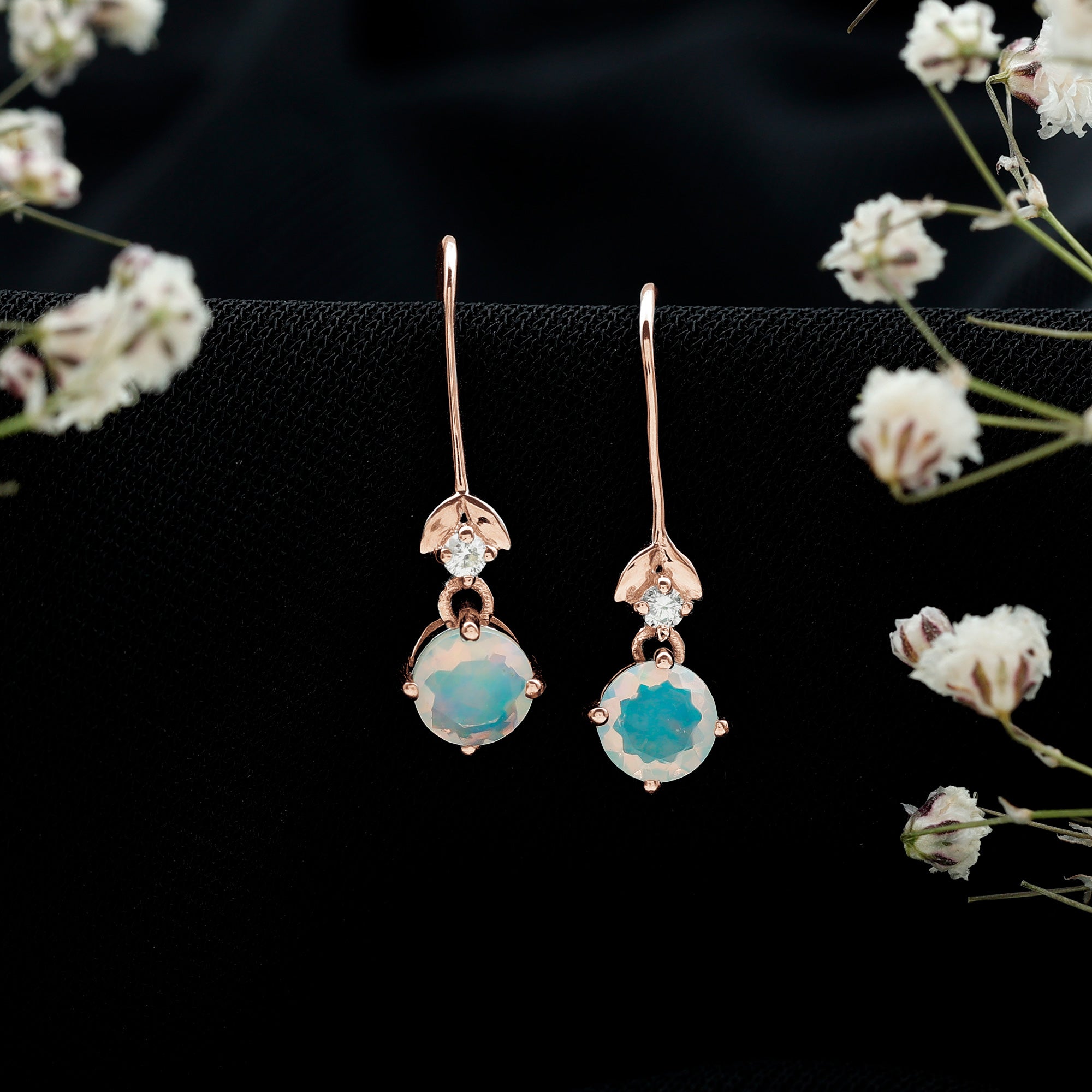 Round Ethiopian Opal and Diamond Drop Earrings with Fish Hook AAA - Rosec Jewels