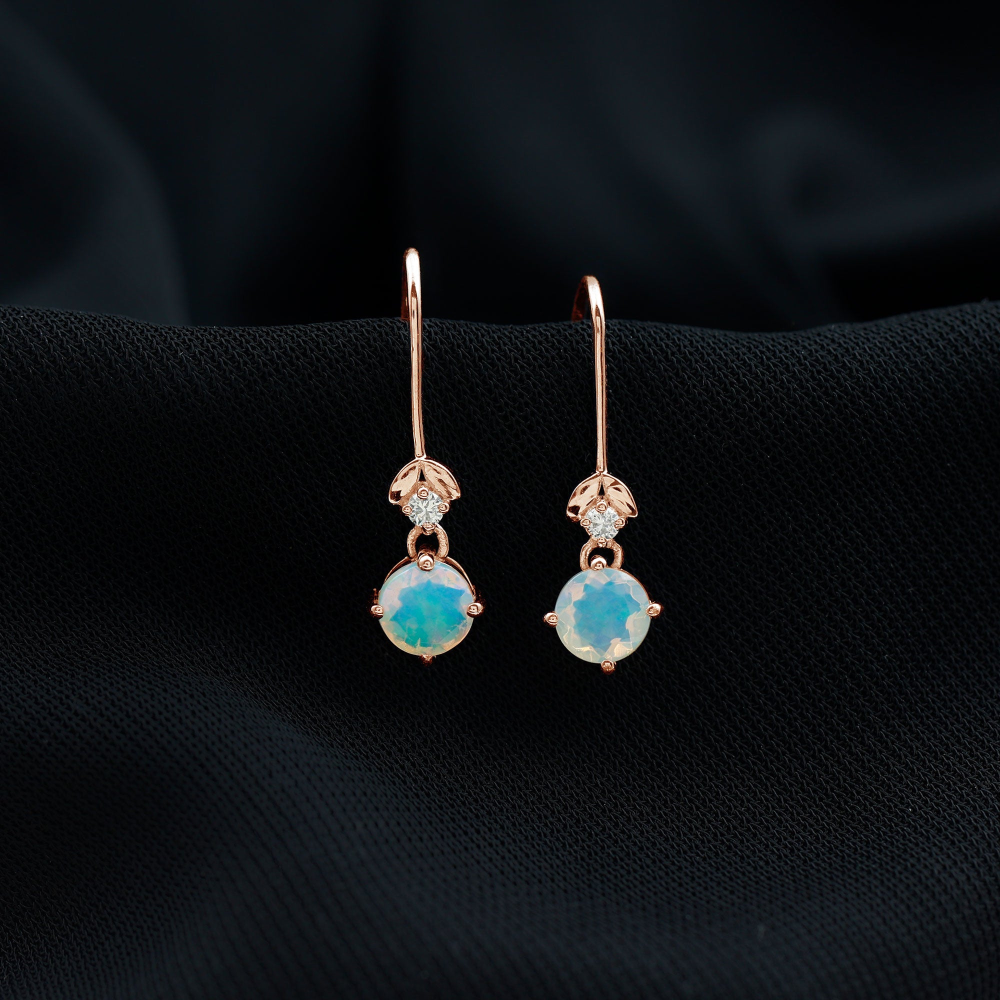 Round Ethiopian Opal and Diamond Drop Earrings with Fish Hook AAA - Rosec Jewels