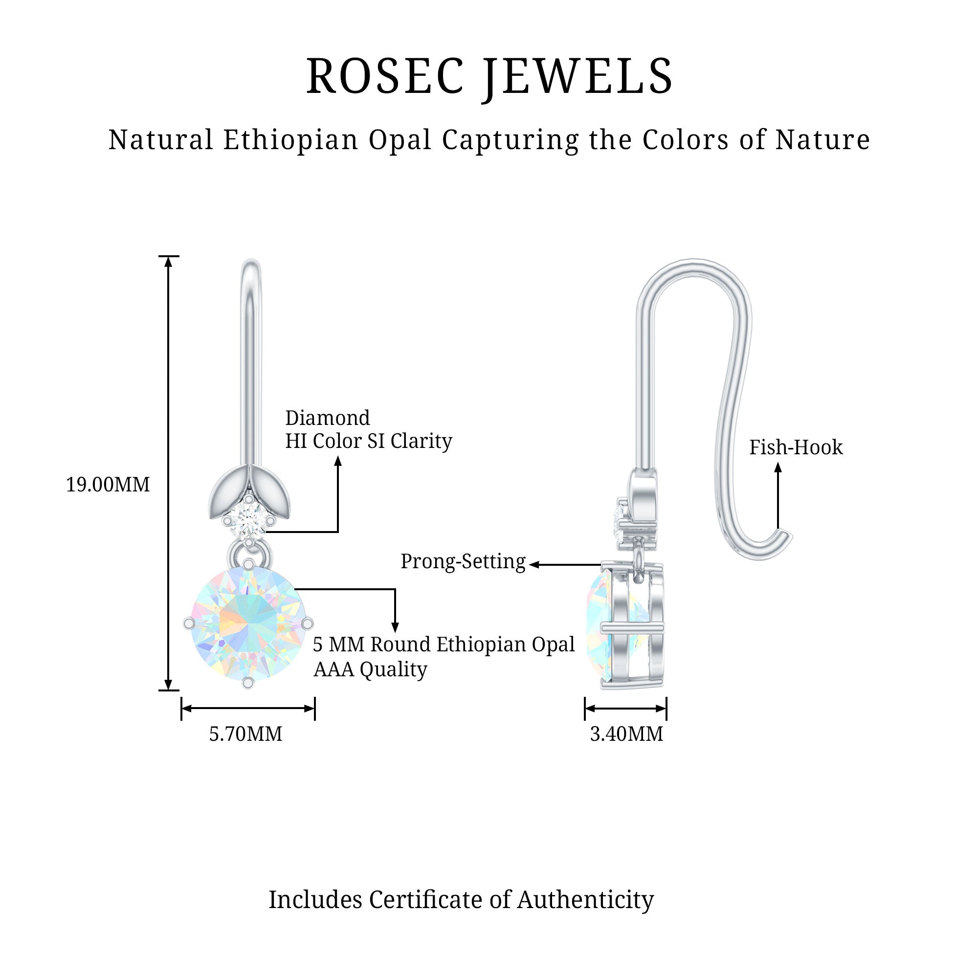Round Ethiopian Opal and Diamond Drop Earrings with Fish Hook AAA - Rosec Jewels