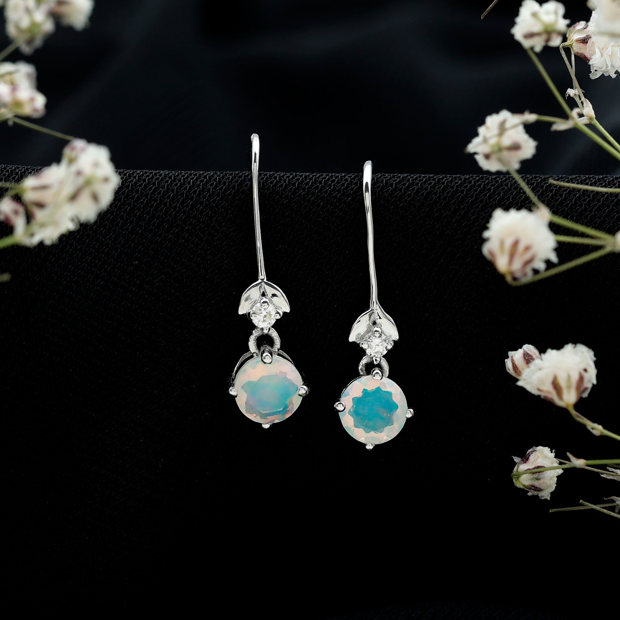 Round Ethiopian Opal and Diamond Drop Earrings with Fish Hook AAA - Rosec Jewels