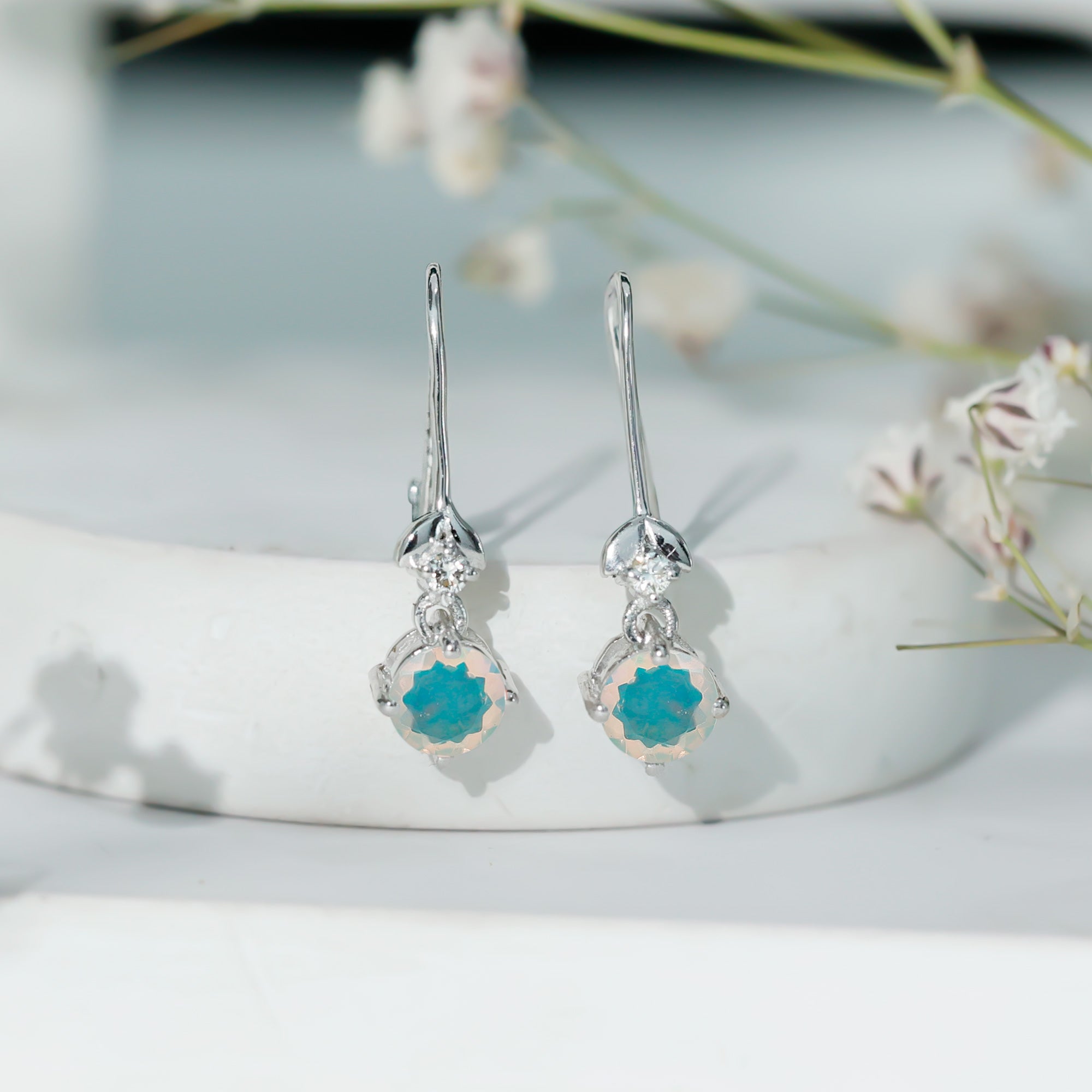 Round Ethiopian Opal and Diamond Drop Earrings with Fish Hook AAA - Rosec Jewels