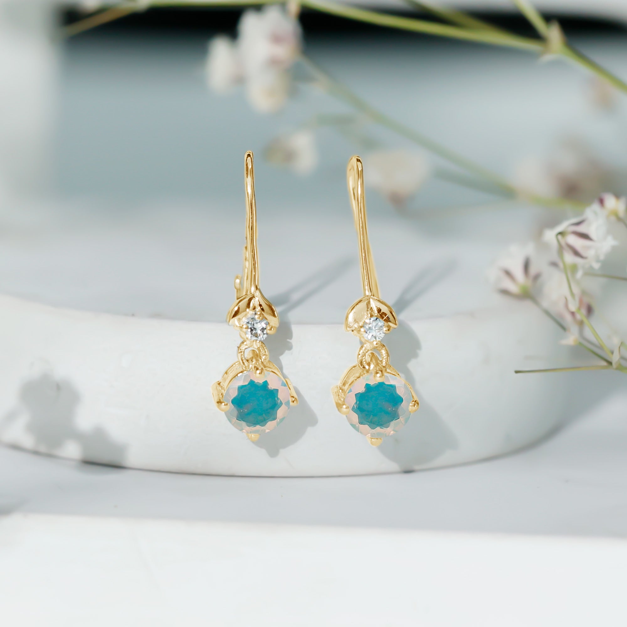 Round Ethiopian Opal and Diamond Drop Earrings with Fish Hook AAA - Rosec Jewels