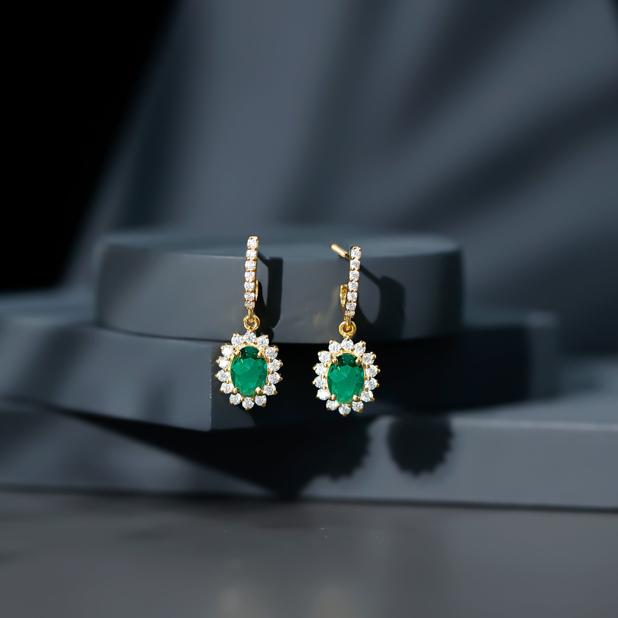1.7 Carat Oval Shape Lab Grown Emerald Drop Earrings with Diamond AAAA - Rosec Jewels