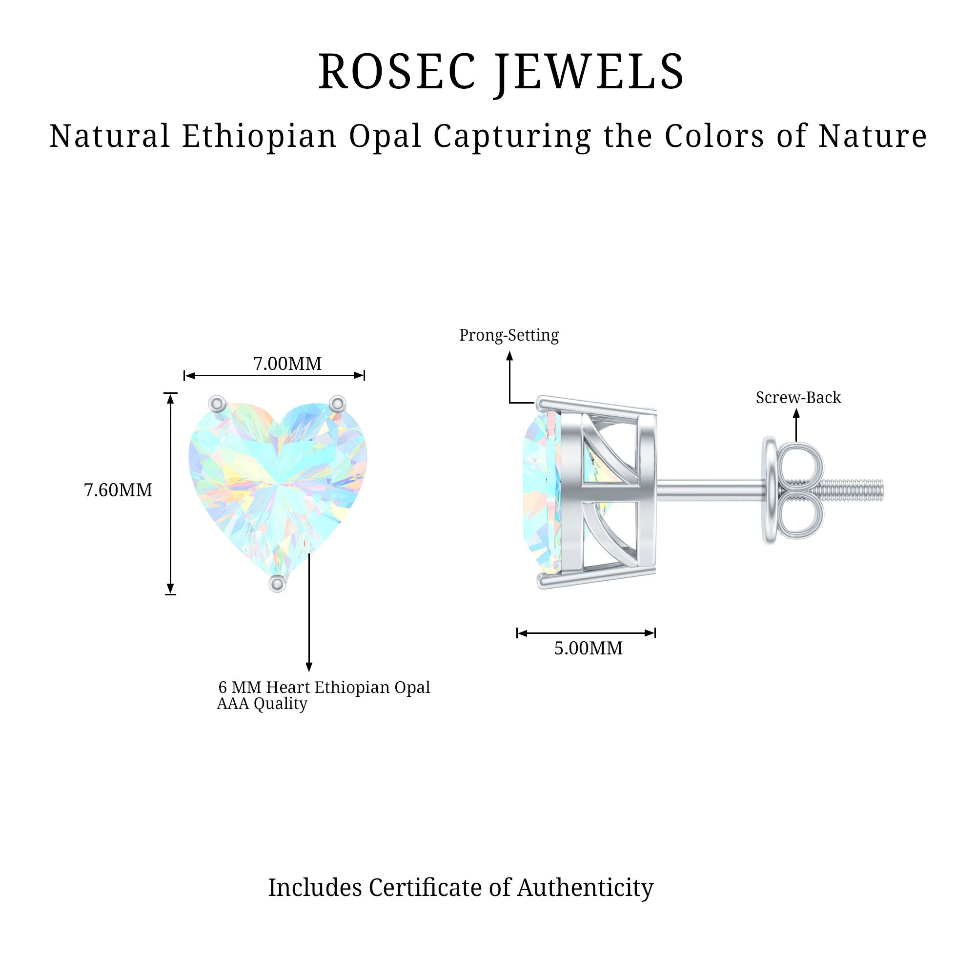 1.5 Carat Heart Shape Real Ethiopian Opal Stud Earrings AAA - Rosec Jewels