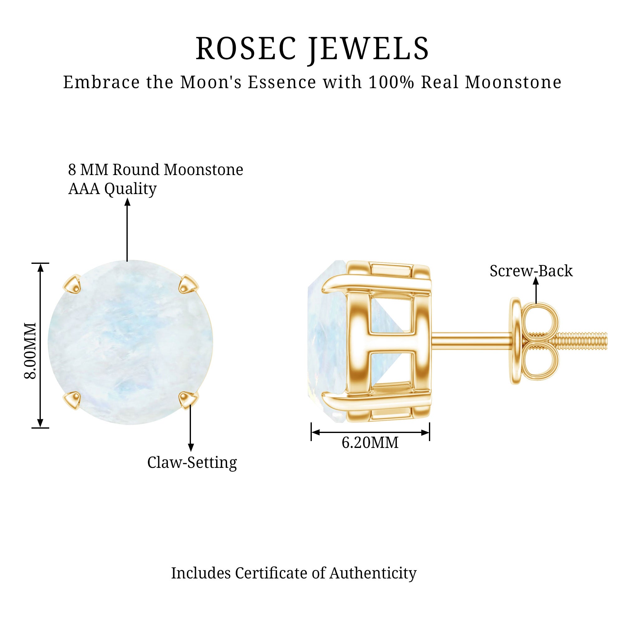 Claw Set Solitaire Moonstone Stud Earrings AAA - Rosec Jewels