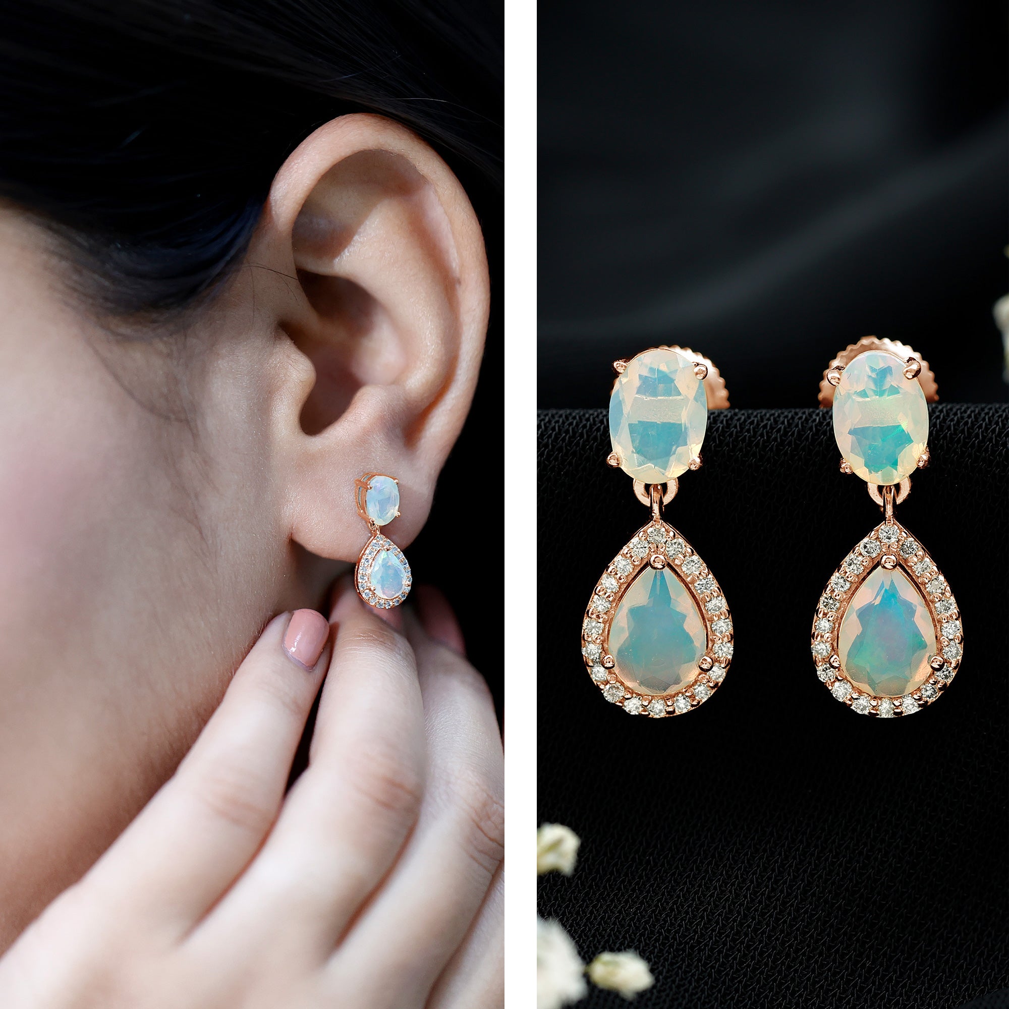 Genuine 3 Carat Ethiopian Opal Drop Dangle Earrings with Diamond Halo AAA - Rosec Jewels