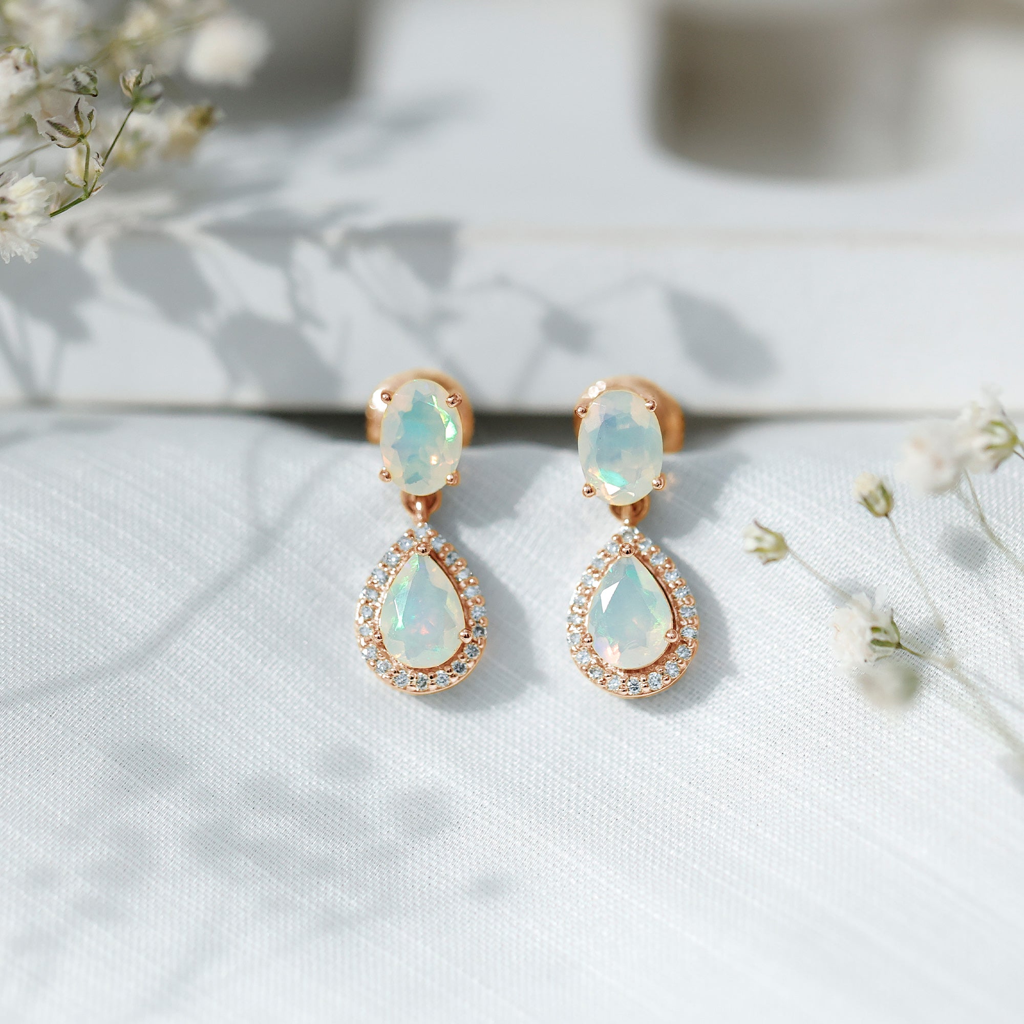 Genuine 3 Carat Ethiopian Opal Drop Dangle Earrings with Diamond Halo AAA - Rosec Jewels