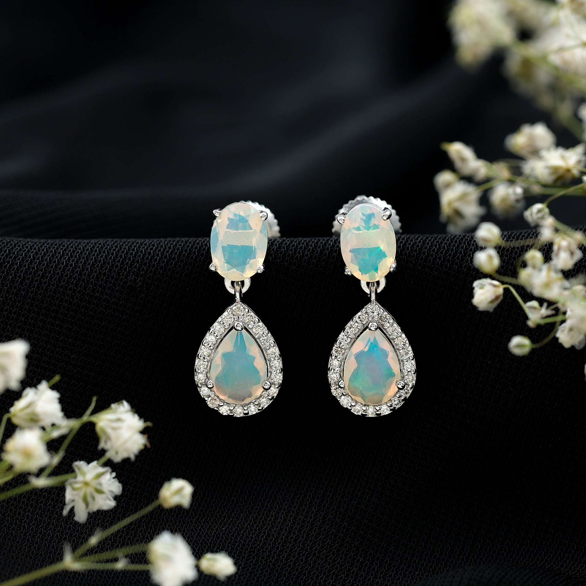 Genuine 3 Carat Ethiopian Opal Drop Dangle Earrings with Diamond Halo AAA - Rosec Jewels