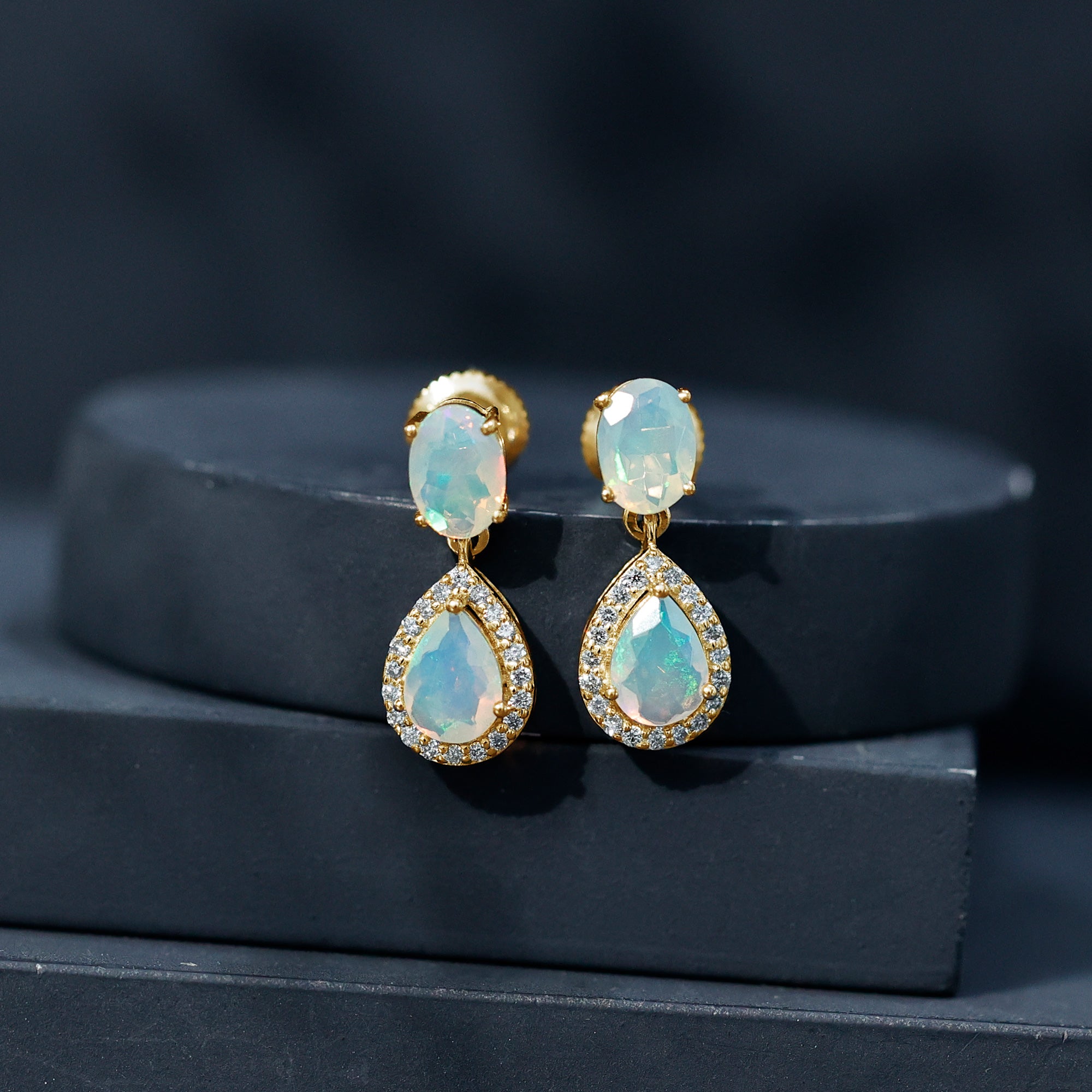 Genuine 3 Carat Ethiopian Opal Drop Dangle Earrings with Diamond Halo AAA - Rosec Jewels