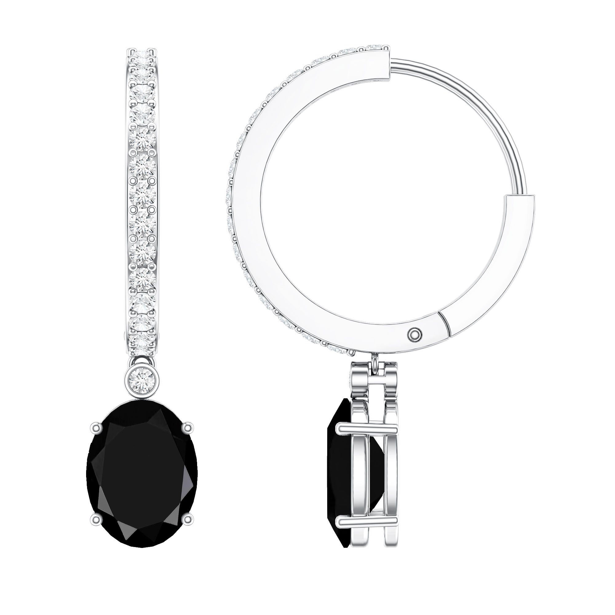 Natural 2.2 Carat Oval Black Onyx Hoop Drop Earrings with Diamond AAA - Rosec Jewels