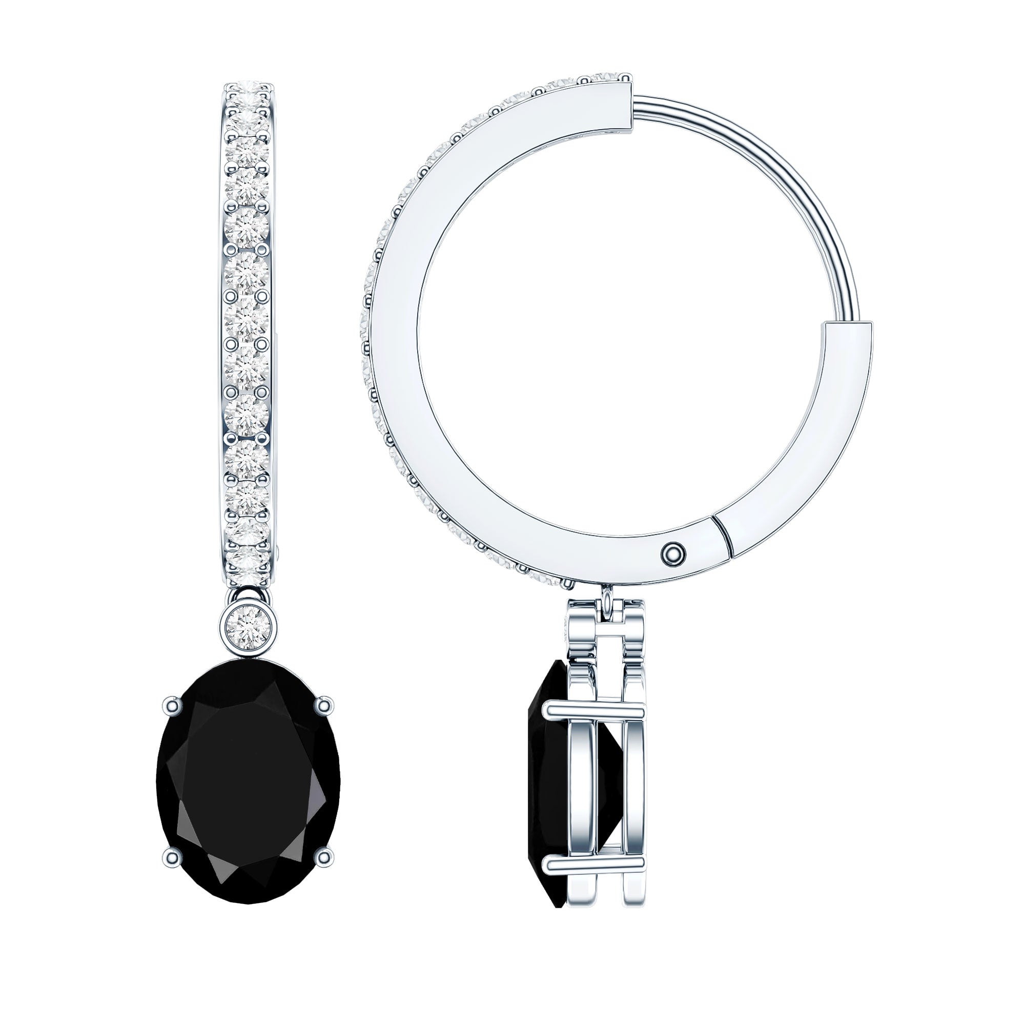 Natural 2.2 Carat Oval Black Onyx Hoop Drop Earrings with Diamond AAA - Rosec Jewels