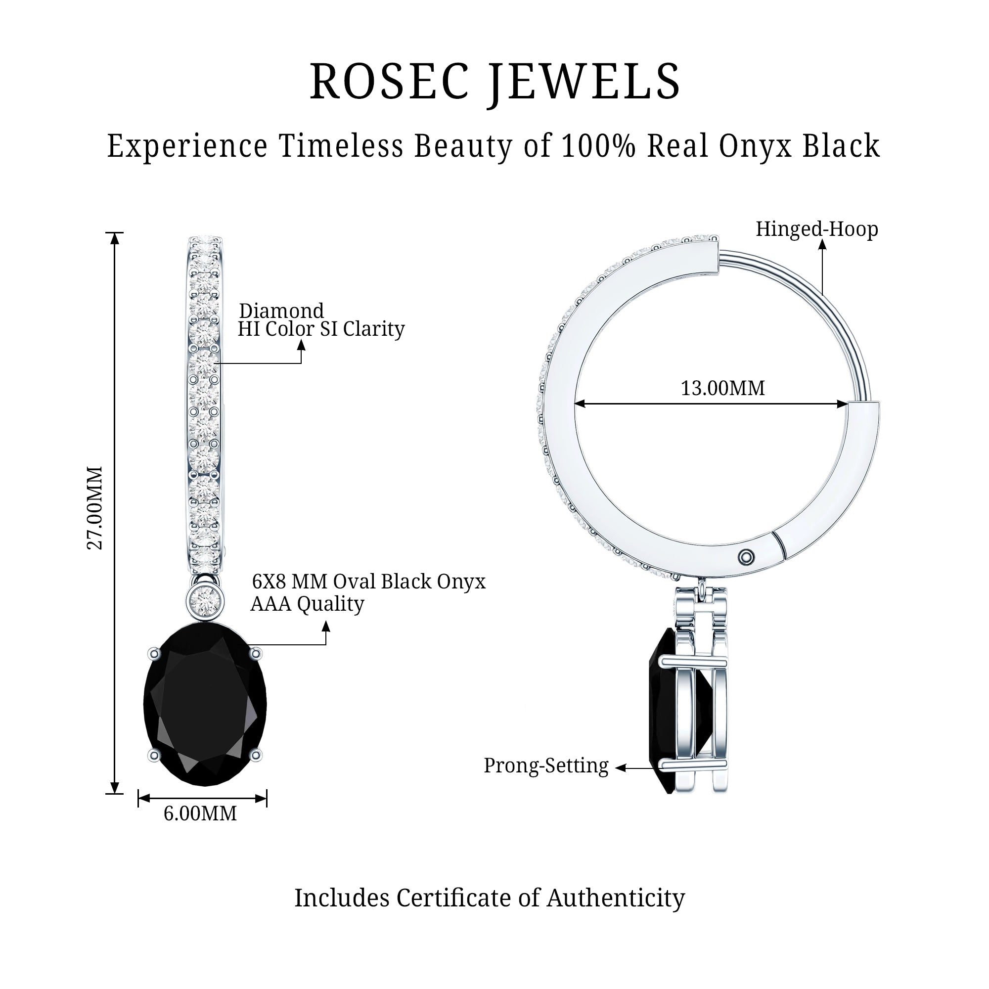 Natural 2.2 Carat Oval Black Onyx Hoop Drop Earrings with Diamond AAA - Rosec Jewels