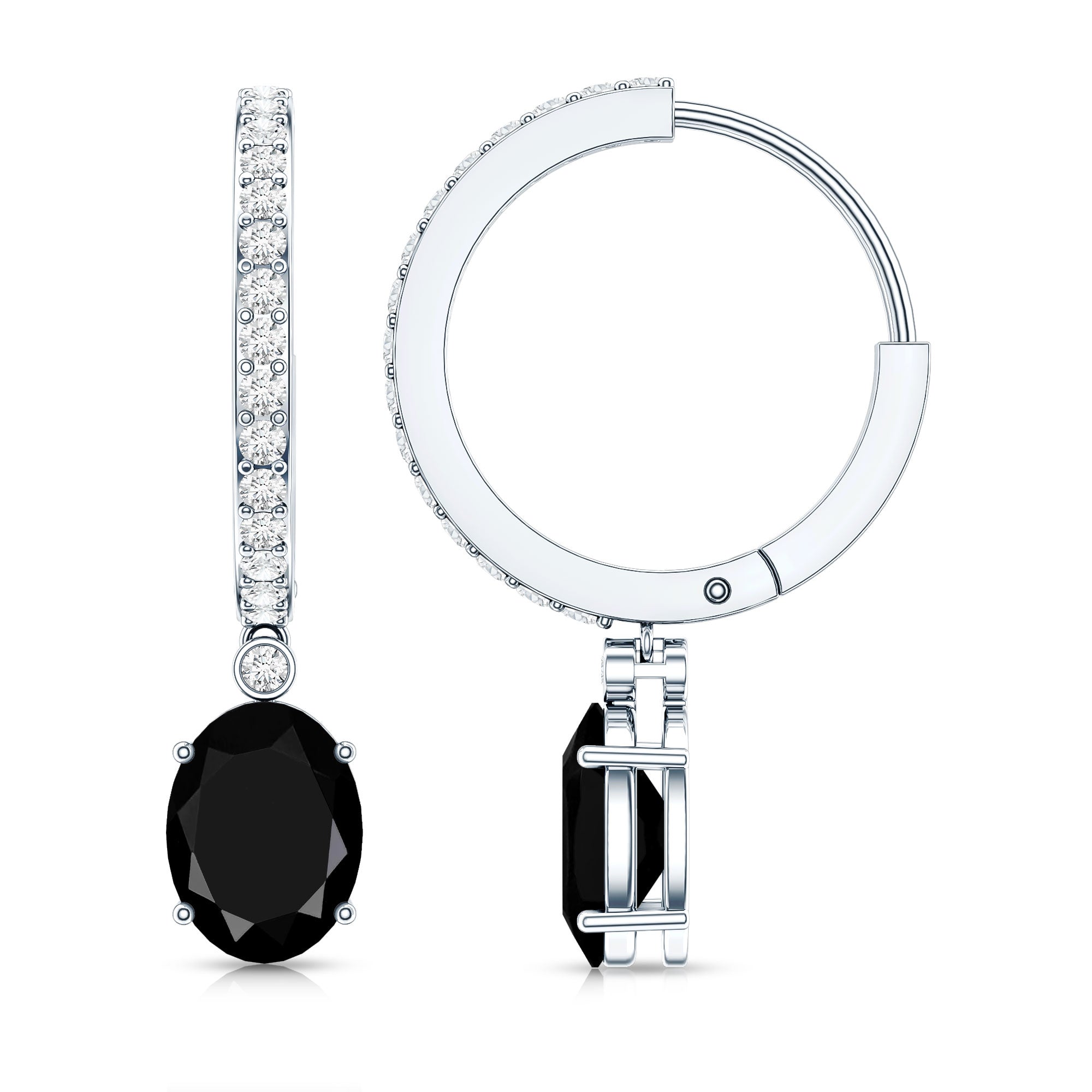 Natural 2.2 Carat Oval Black Onyx Hoop Drop Earrings with Diamond AAA - Rosec Jewels