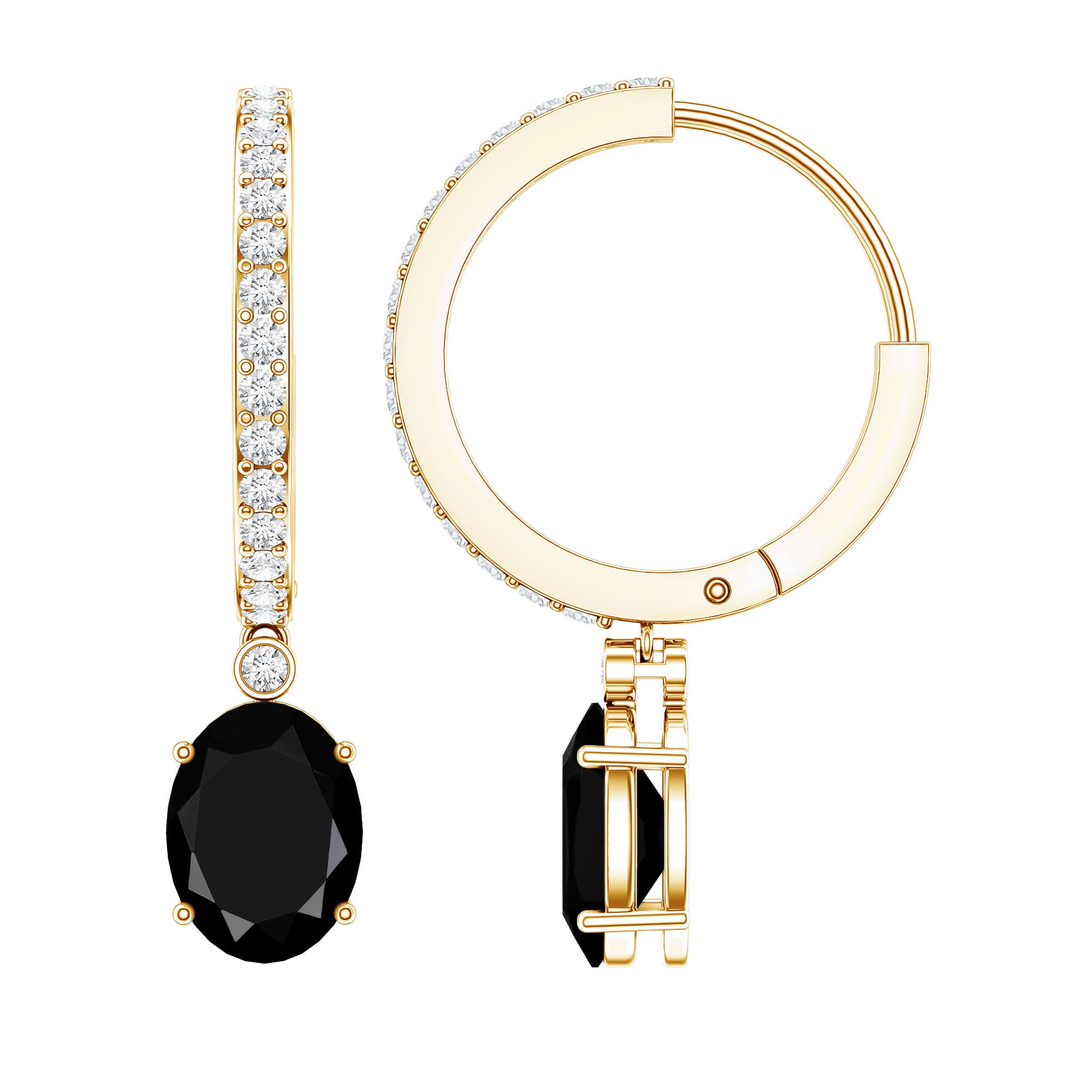 Natural 2.2 Carat Oval Black Onyx Hoop Drop Earrings with Diamond AAA - Rosec Jewels
