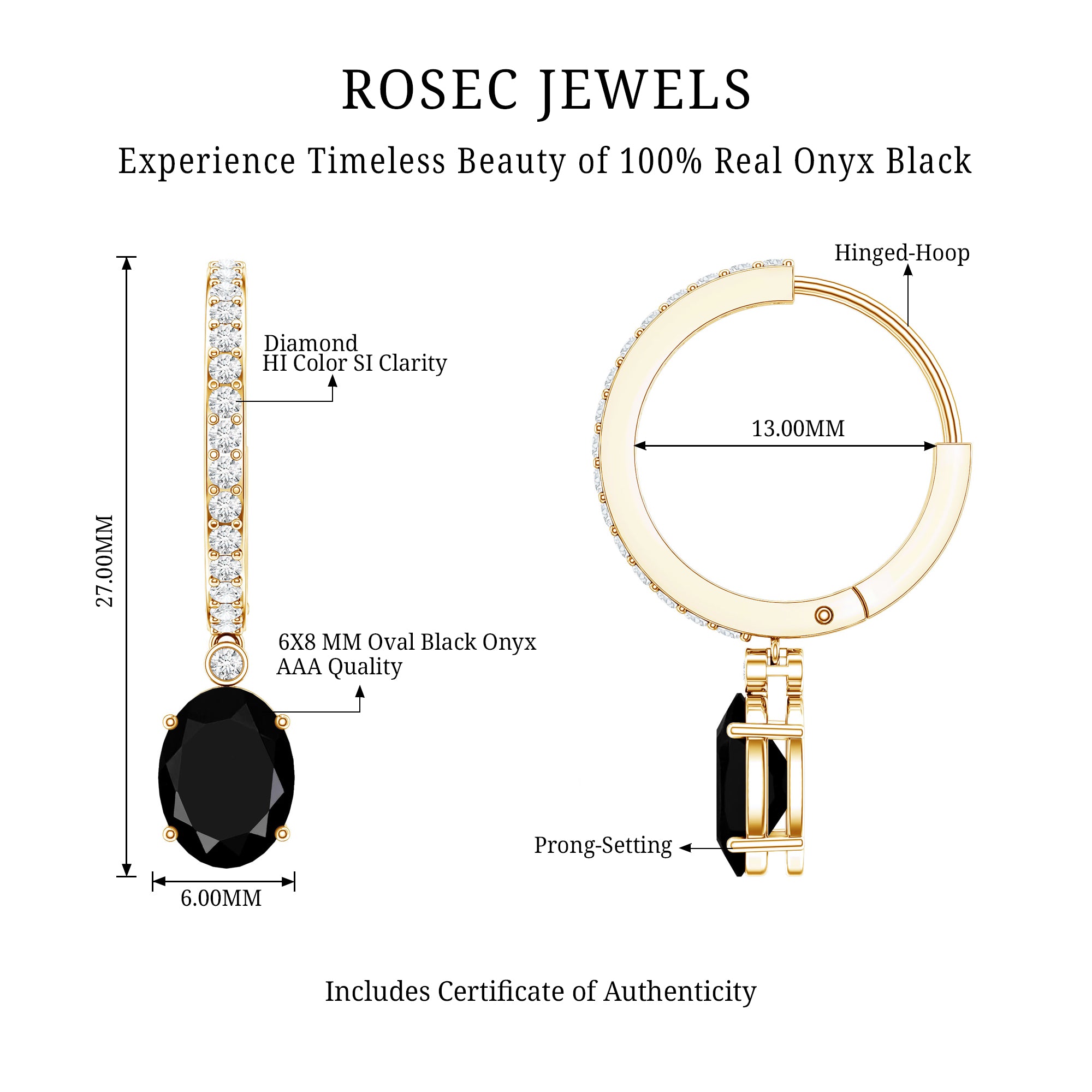 Natural 2.2 Carat Oval Black Onyx Hoop Drop Earrings with Diamond AAA - Rosec Jewels