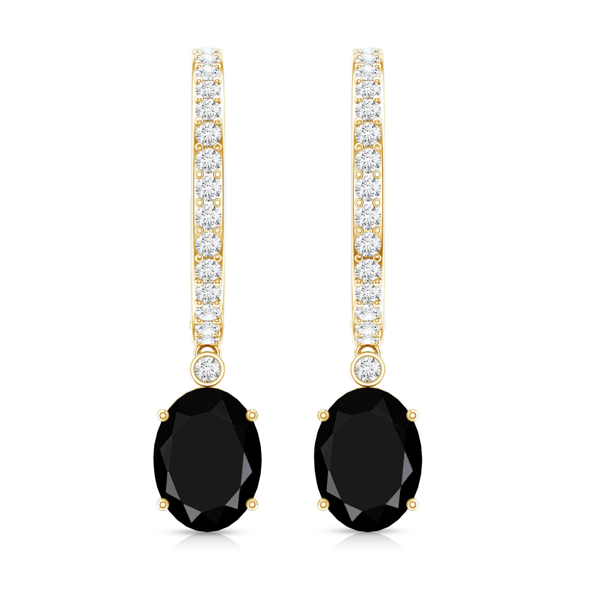 Natural 2.2 Carat Oval Black Onyx Hoop Drop Earrings with Diamond AAA - Rosec Jewels