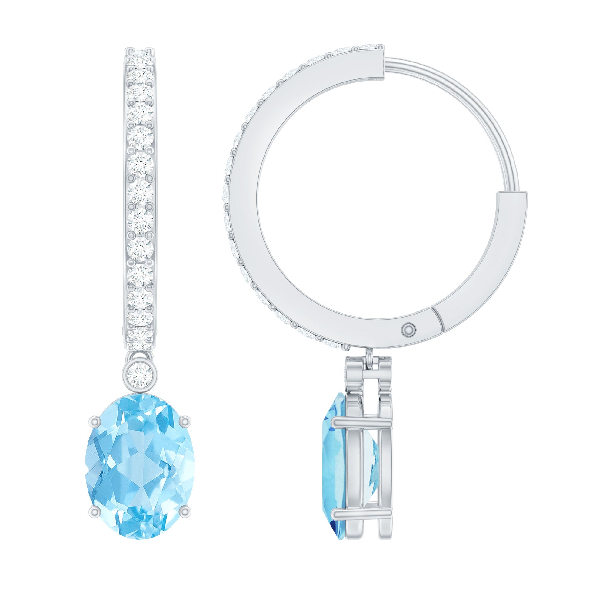 Genuine 2.2 Carat Oval Cut Aquamarine Hoop Drop Earrings with Diamond AAA - Rosec Jewels