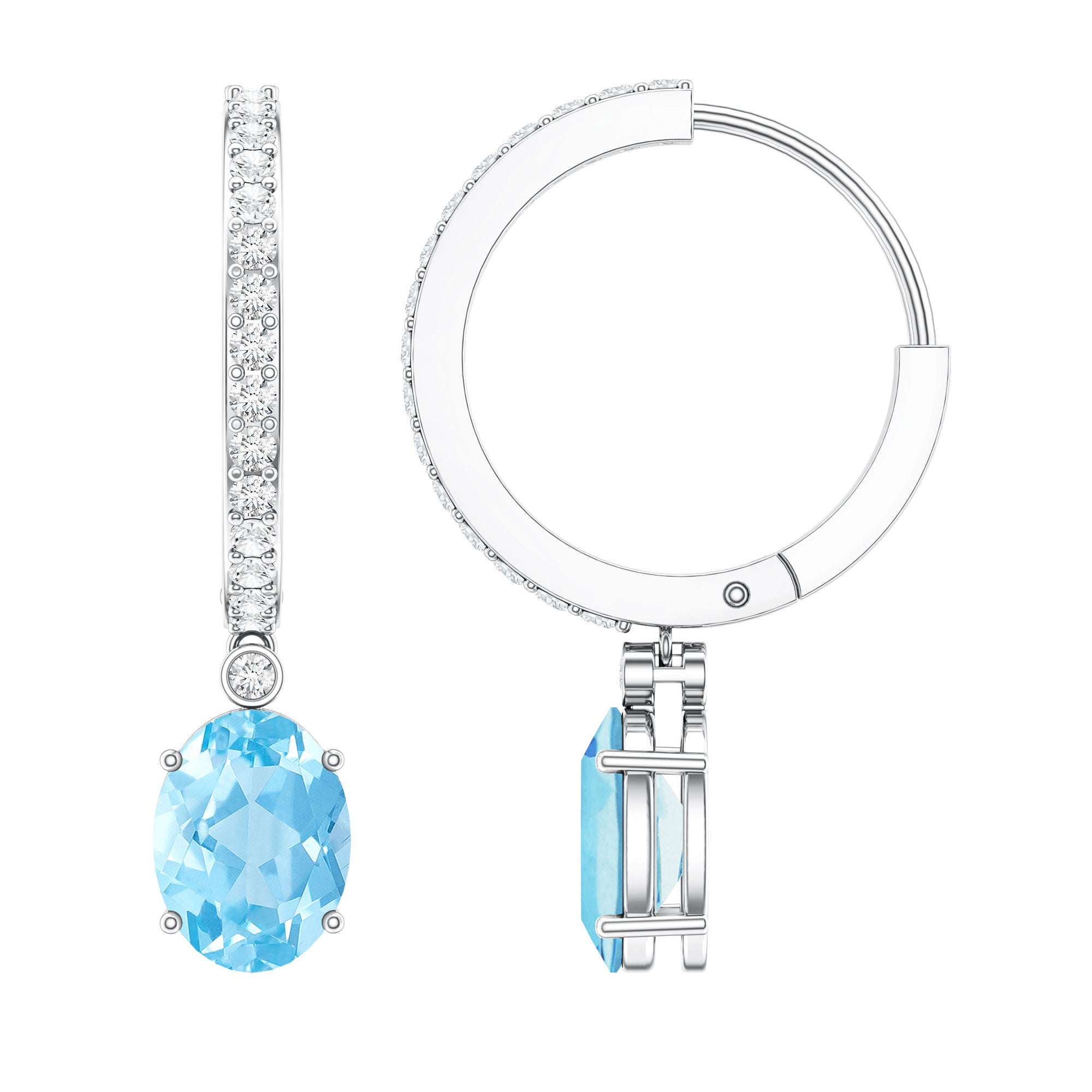 Genuine 2.2 Carat Oval Cut Aquamarine Hoop Drop Earrings with Diamond AAA - Rosec Jewels