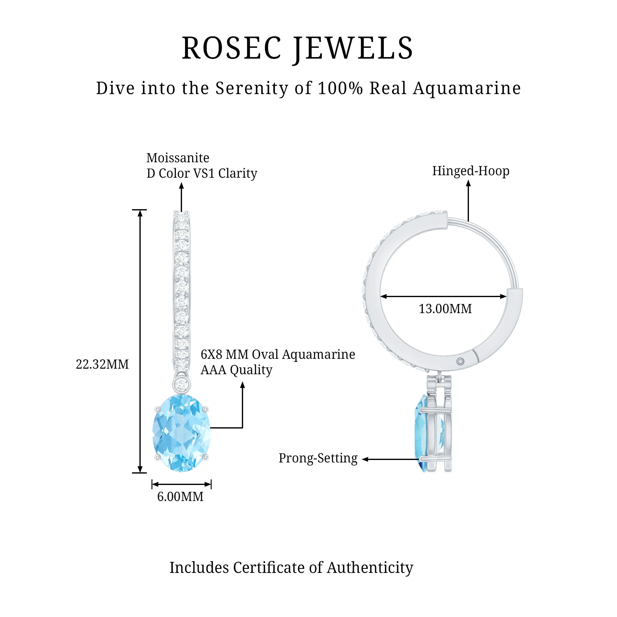 Genuine 2.2 Carat Oval Cut Aquamarine Hoop Drop Earrings with Diamond AAA - Rosec Jewels