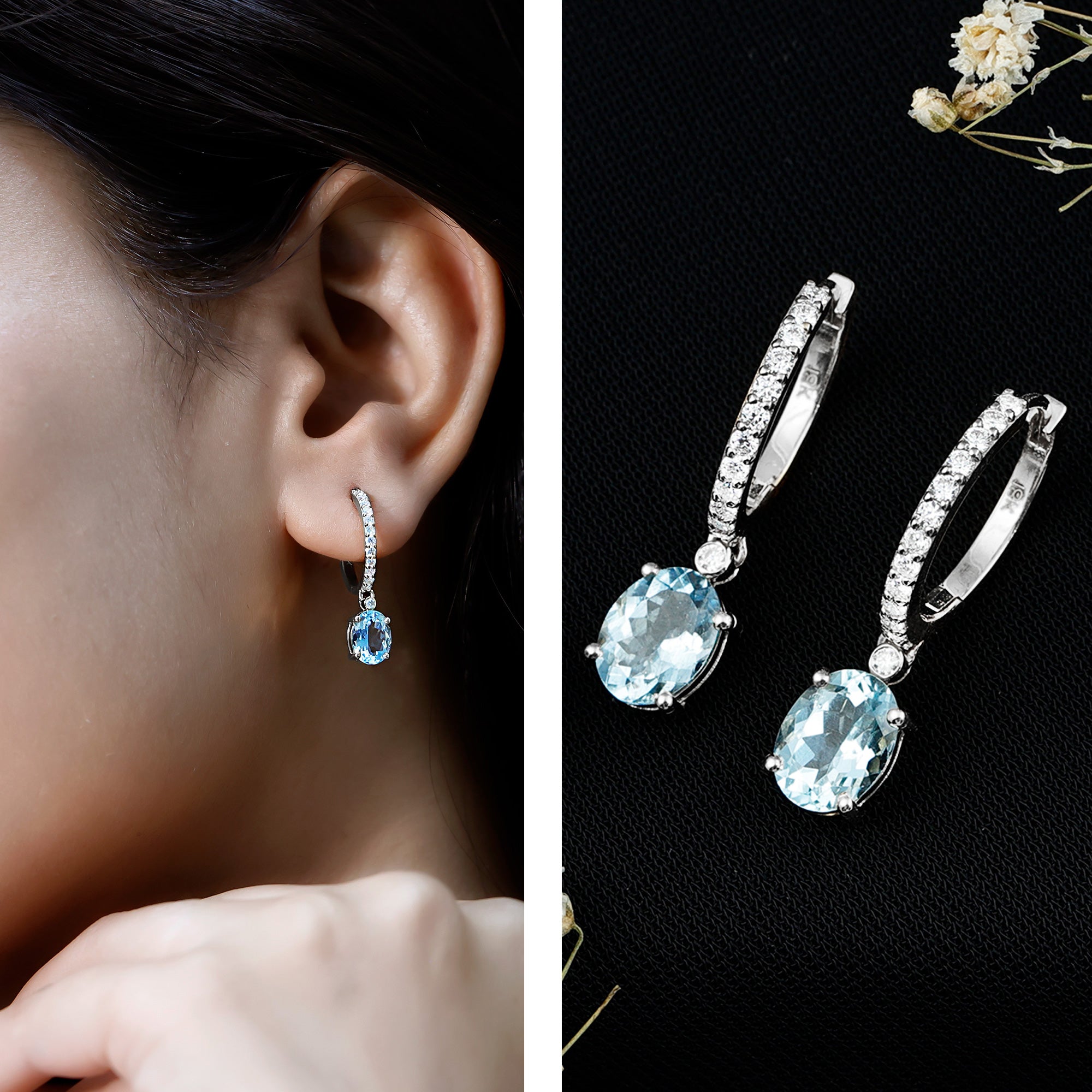 Genuine 2.2 Carat Oval Cut Aquamarine Hoop Drop Earrings with Diamond AAA - Rosec Jewels