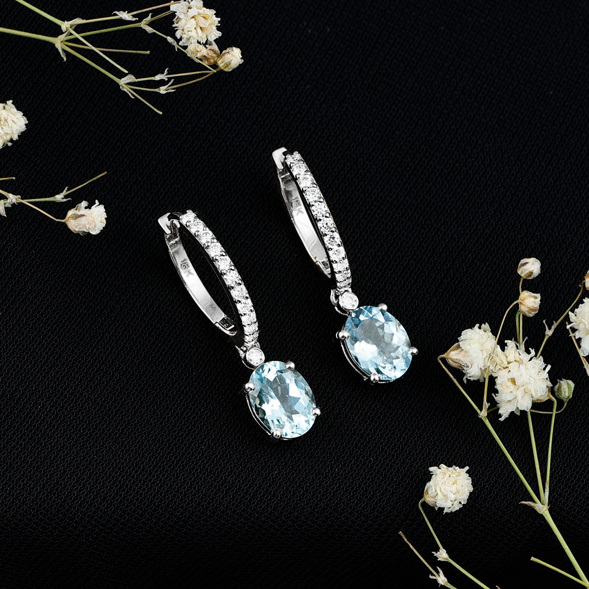 Genuine 2.2 Carat Oval Cut Aquamarine Hoop Drop Earrings with Diamond AAA - Rosec Jewels