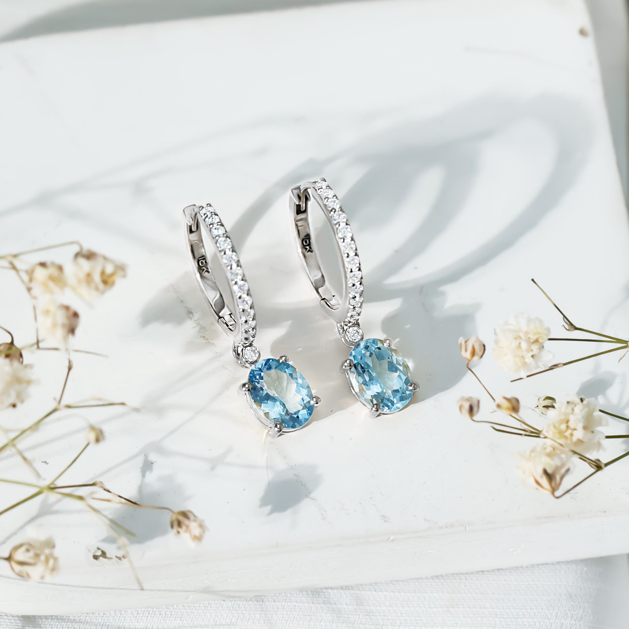 Genuine 2.2 Carat Oval Cut Aquamarine Hoop Drop Earrings with Diamond AAA - Rosec Jewels
