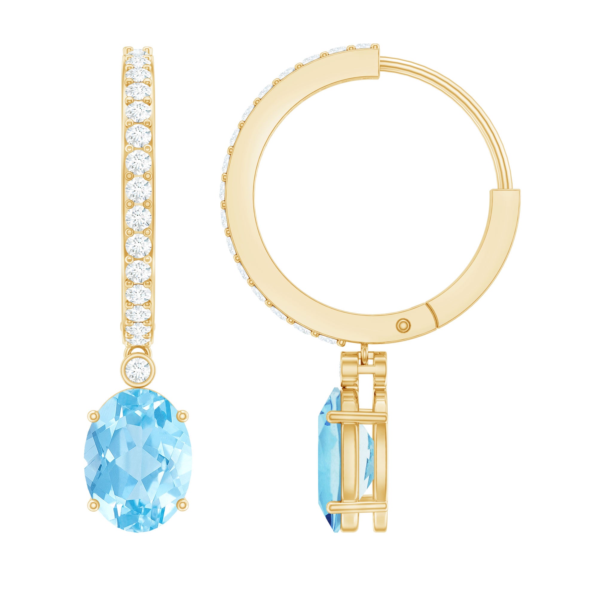 Genuine 2.2 Carat Oval Cut Aquamarine Hoop Drop Earrings with Diamond AAA - Rosec Jewels