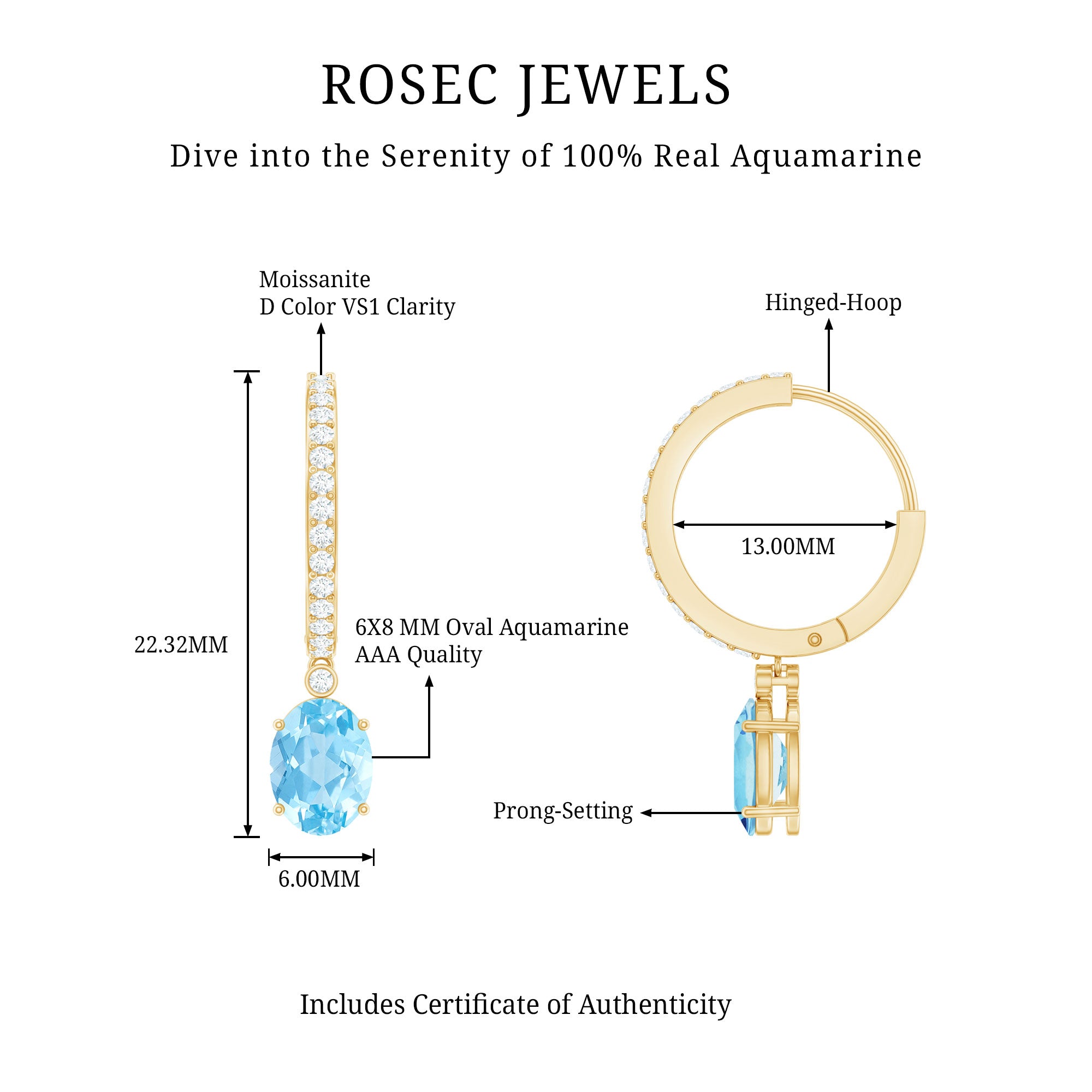 Genuine 2.2 Carat Oval Cut Aquamarine Hoop Drop Earrings with Diamond AAA - Rosec Jewels