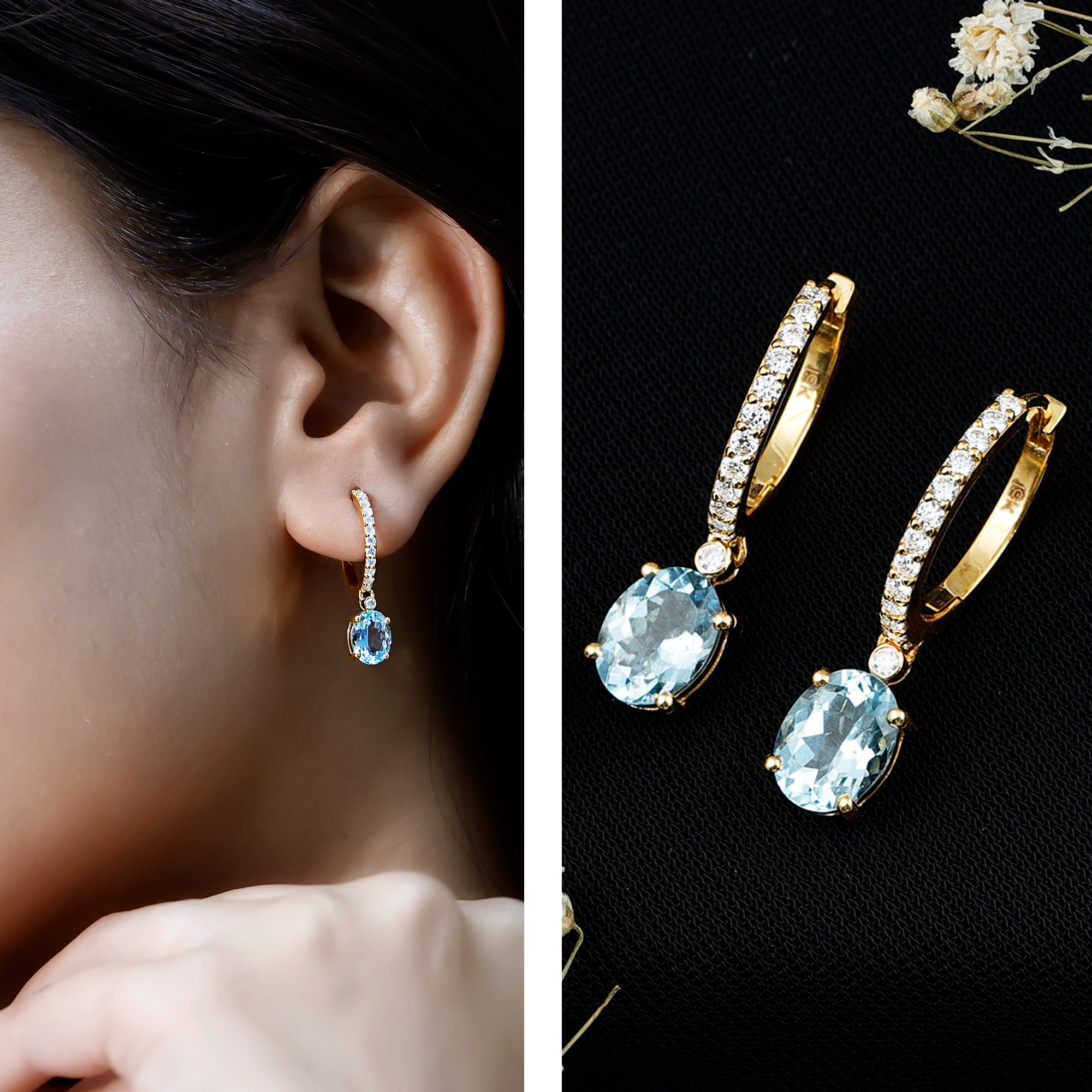 Genuine 2.2 Carat Oval Cut Aquamarine Hoop Drop Earrings with Diamond AAA - Rosec Jewels