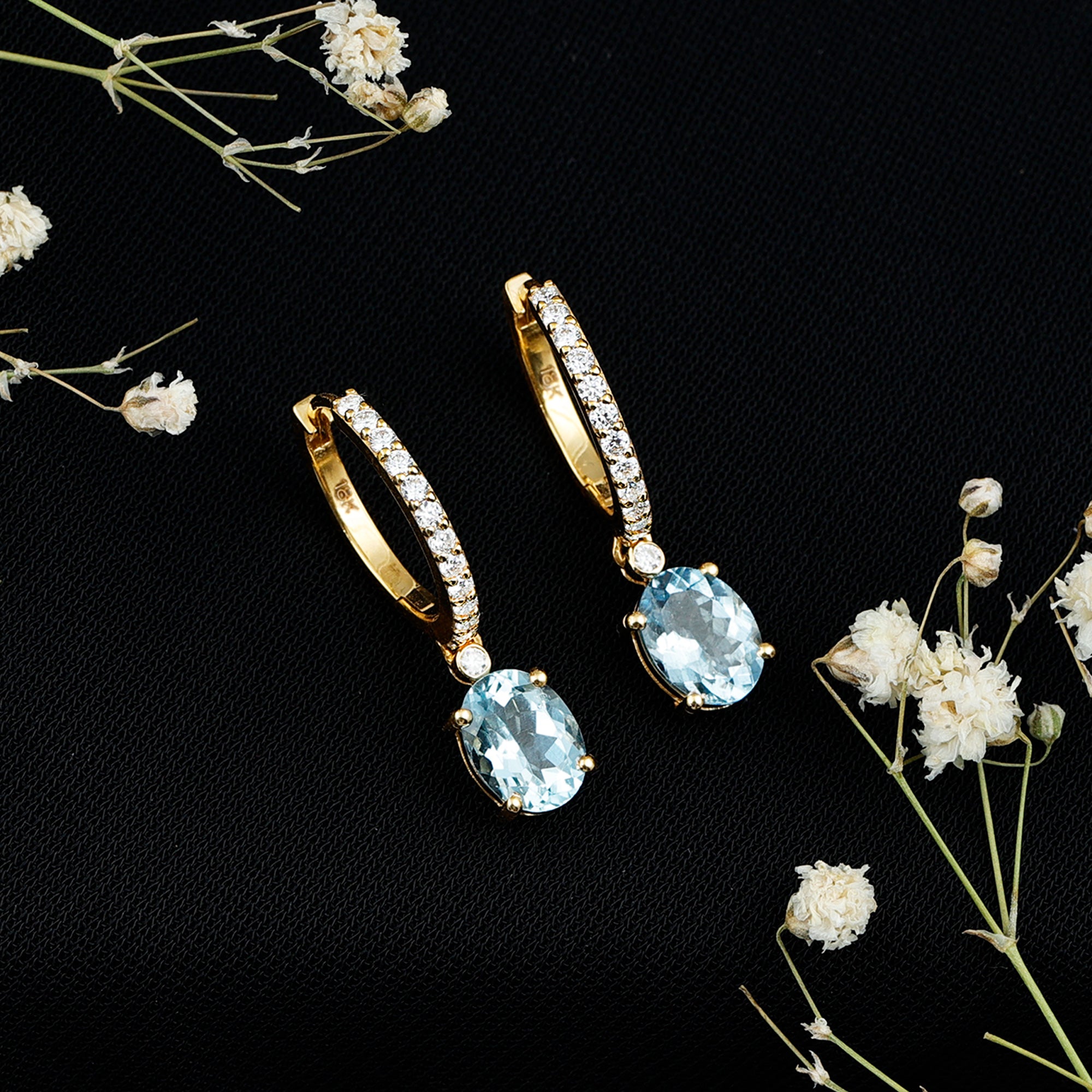 Genuine 2.2 Carat Oval Cut Aquamarine Hoop Drop Earrings with Diamond AAA - Rosec Jewels