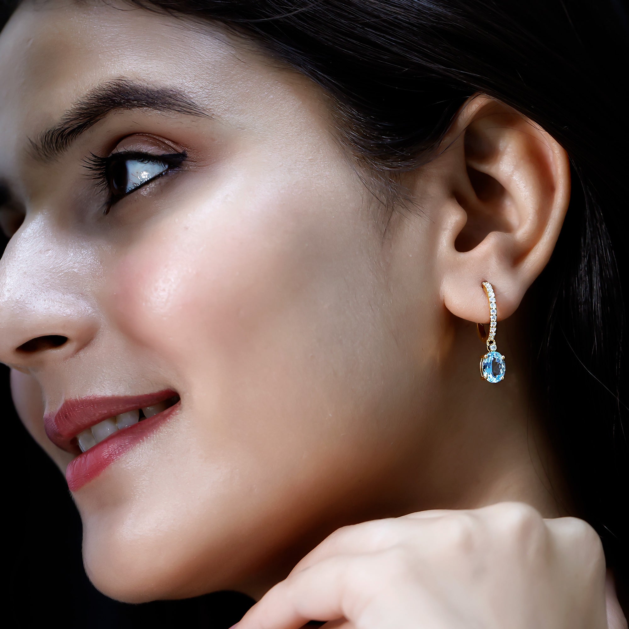 Genuine 2.2 Carat Oval Cut Aquamarine Hoop Drop Earrings with Diamond AAA - Rosec Jewels