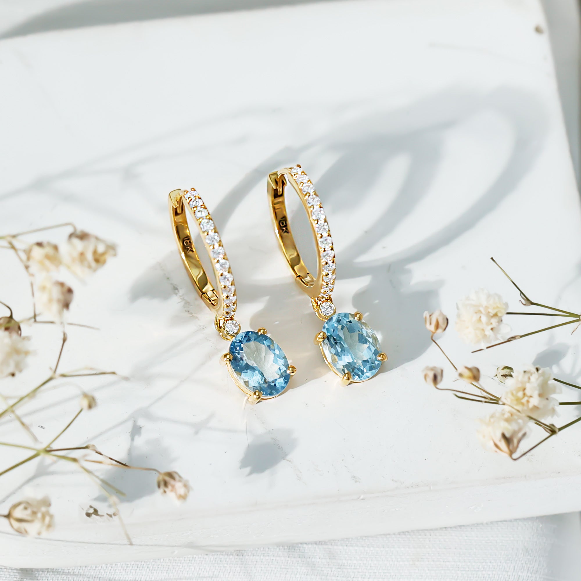 Genuine 2.2 Carat Oval Cut Aquamarine Hoop Drop Earrings with Diamond AAA - Rosec Jewels