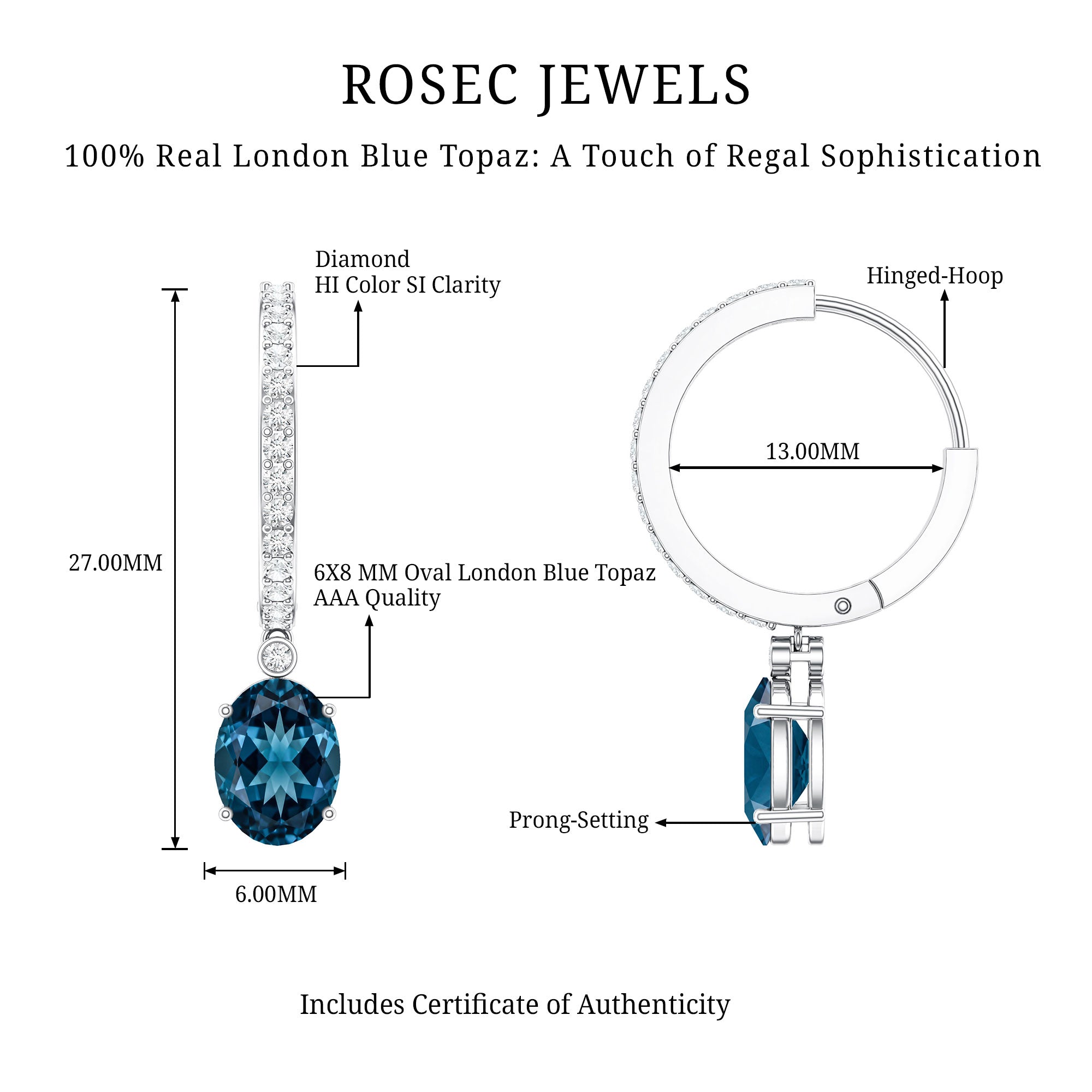 Natural Oval 2.2 Carat London Blue Topaz Drop hoop Earrings with Diamond AAA - Rosec Jewels