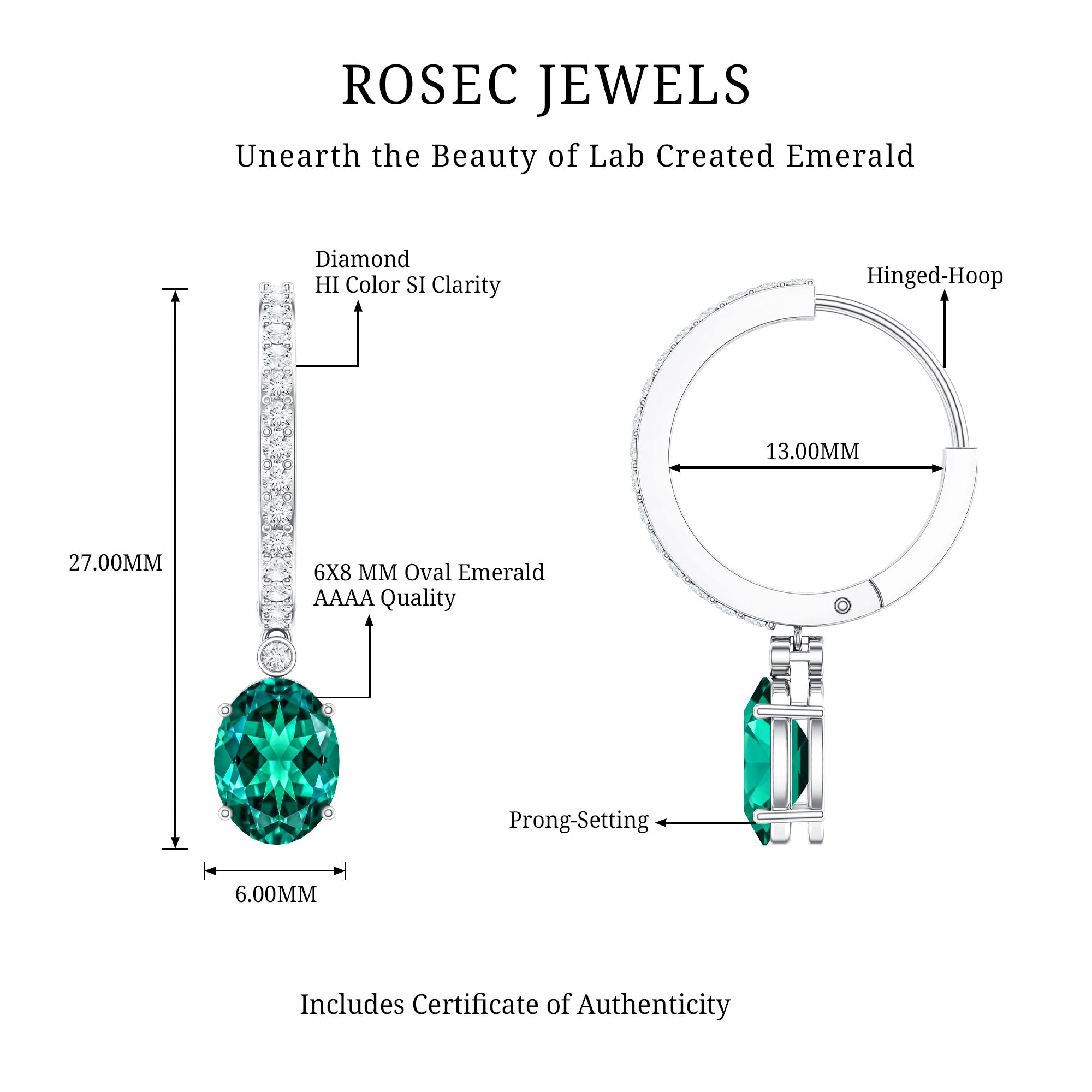 2.5 Carat Oval Cut Lab Grown Emerald and Diamond Hoop Earrings AAAA - Rosec Jewels