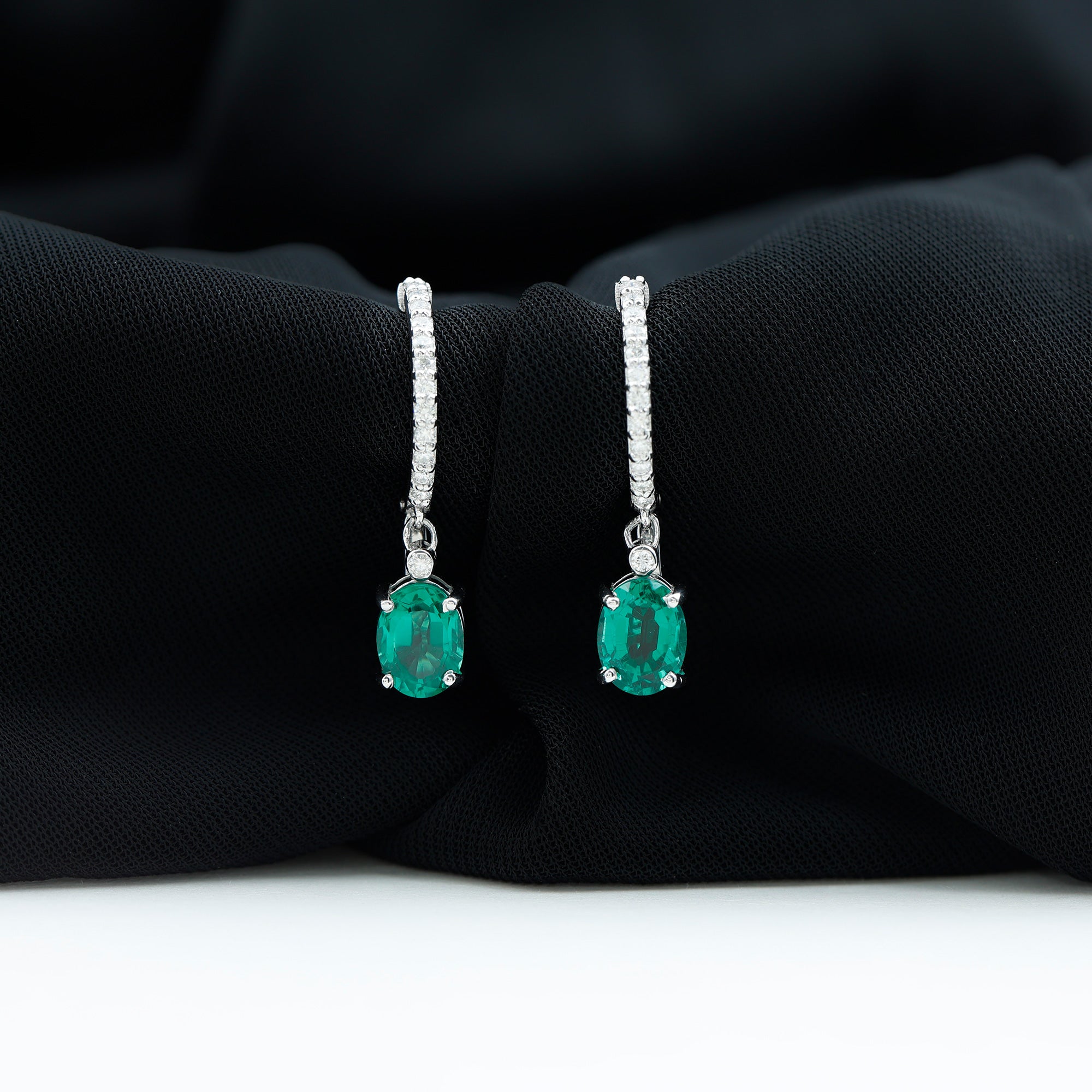 2.5 Carat Oval Cut Lab Grown Emerald and Diamond Hoop Earrings AAAA - Rosec Jewels