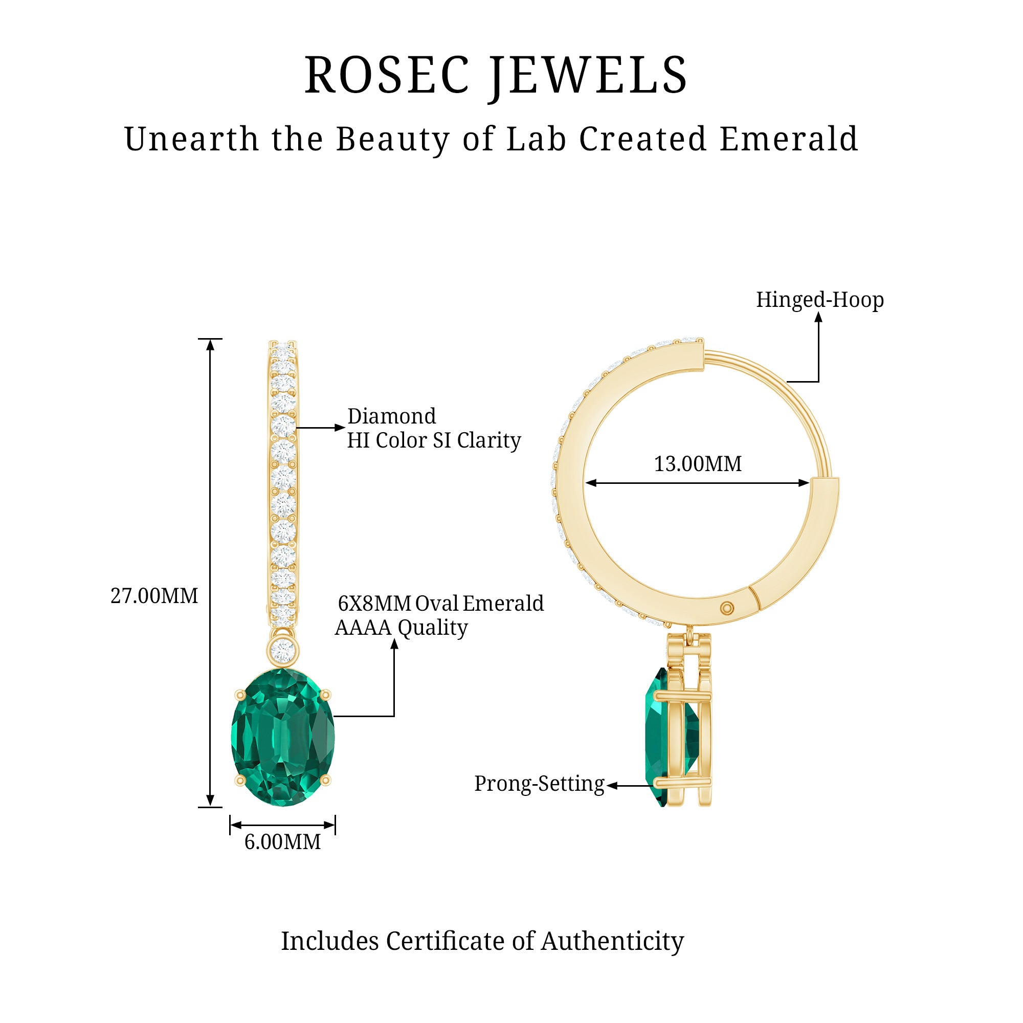 2.5 Carat Oval Cut Lab Grown Emerald and Diamond Hoop Earrings AAAA - Rosec Jewels