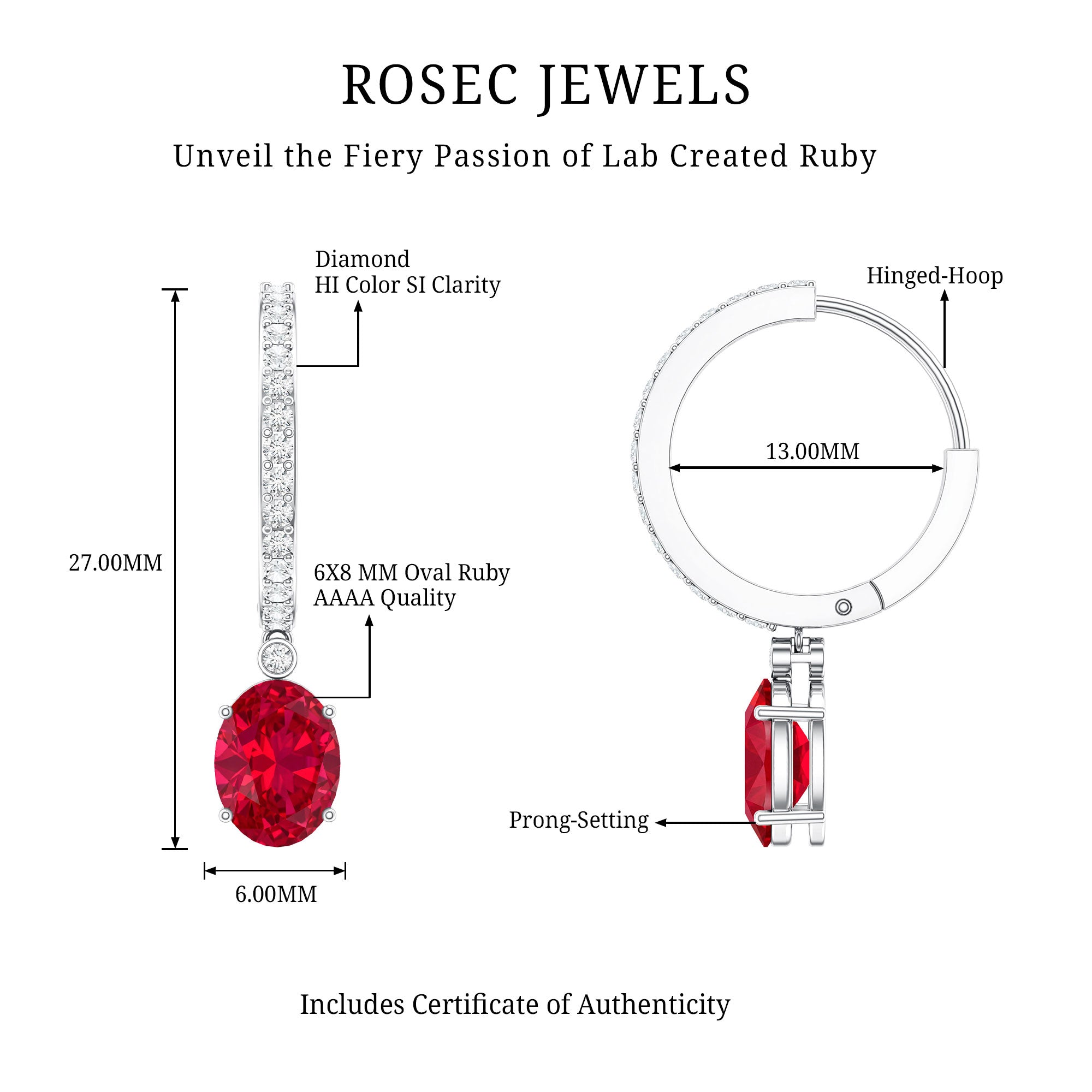 Oval Cut Lab Created Ruby Hoop Drop Earrings with Diamonds AAAA - Rosec Jewels