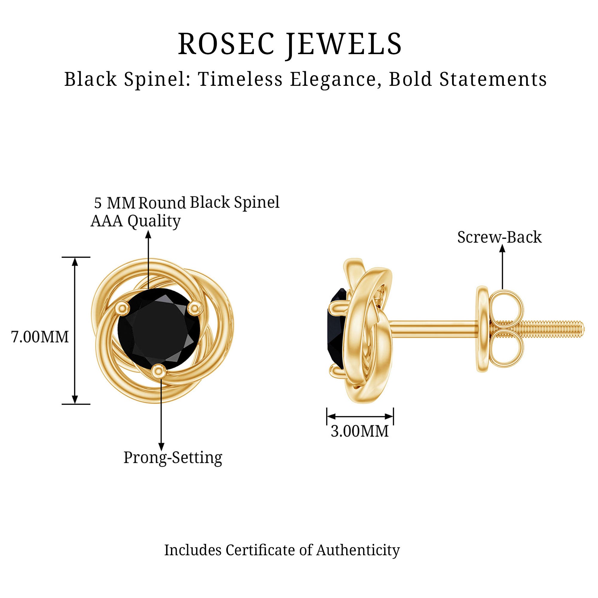1 Carat Black Spinel Swirl Stud Earrings with Screw Backs AAA - Rosec Jewels