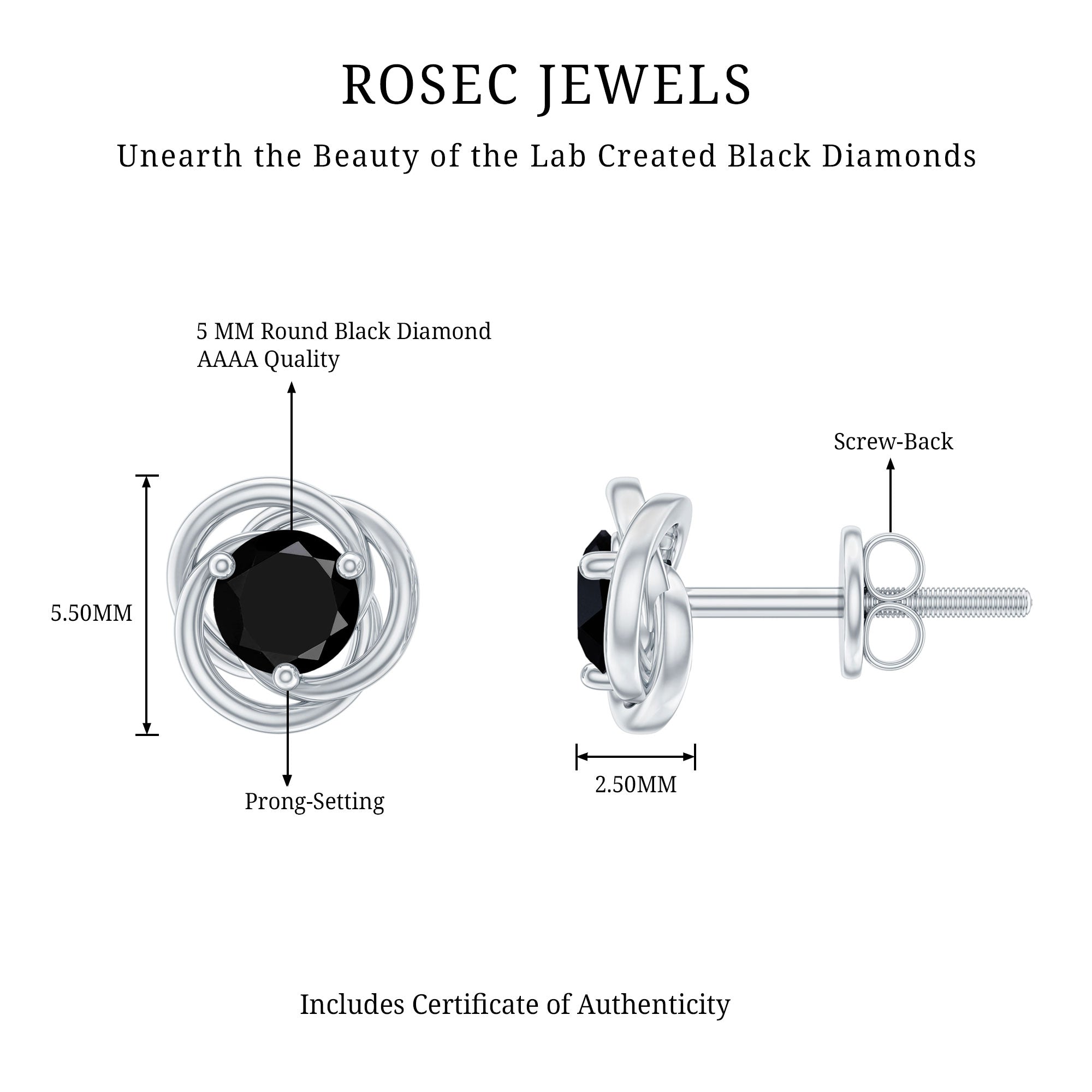 Solitaire Lab Created Black Diamond Swirl Stud Earrings AAAA ( Synthetic ) - Rosec Jewels