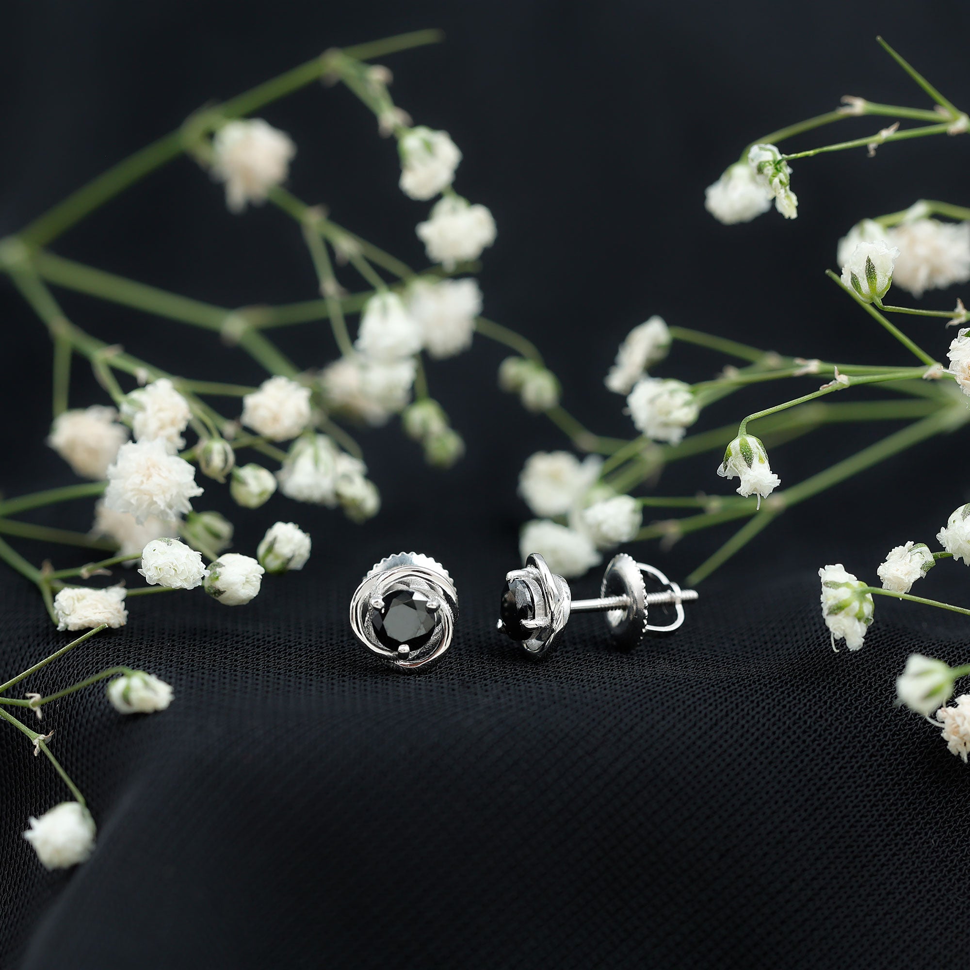 Solitaire Lab Created Black Diamond Swirl Stud Earrings AAAA ( Synthetic ) - Rosec Jewels