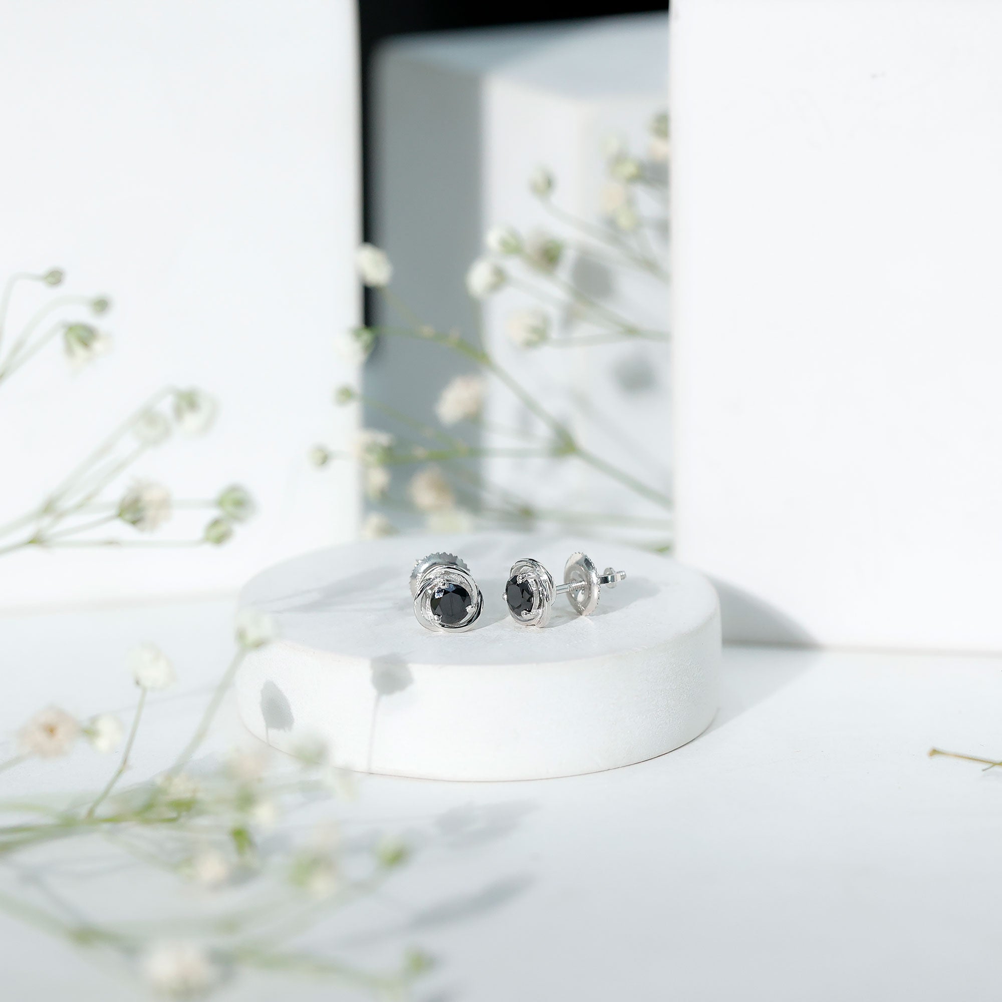 Solitaire Lab Created Black Diamond Swirl Stud Earrings AAAA ( Synthetic ) - Rosec Jewels