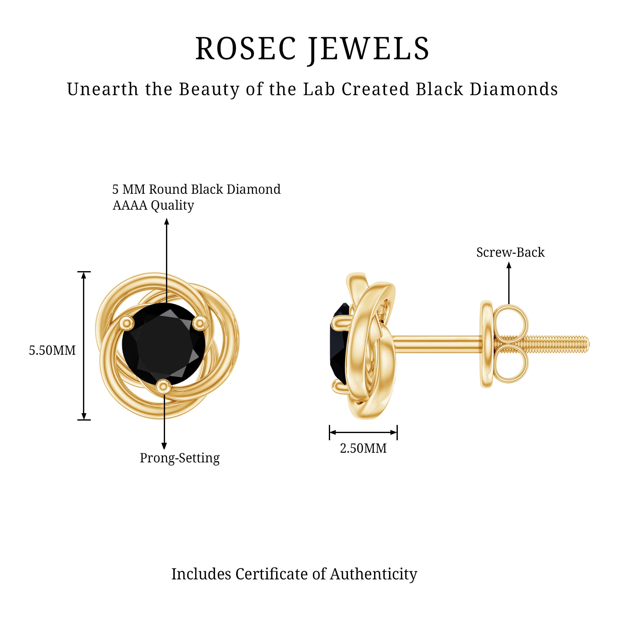Solitaire Lab Created Black Diamond Swirl Stud Earrings AAAA ( Synthetic ) - Rosec Jewels