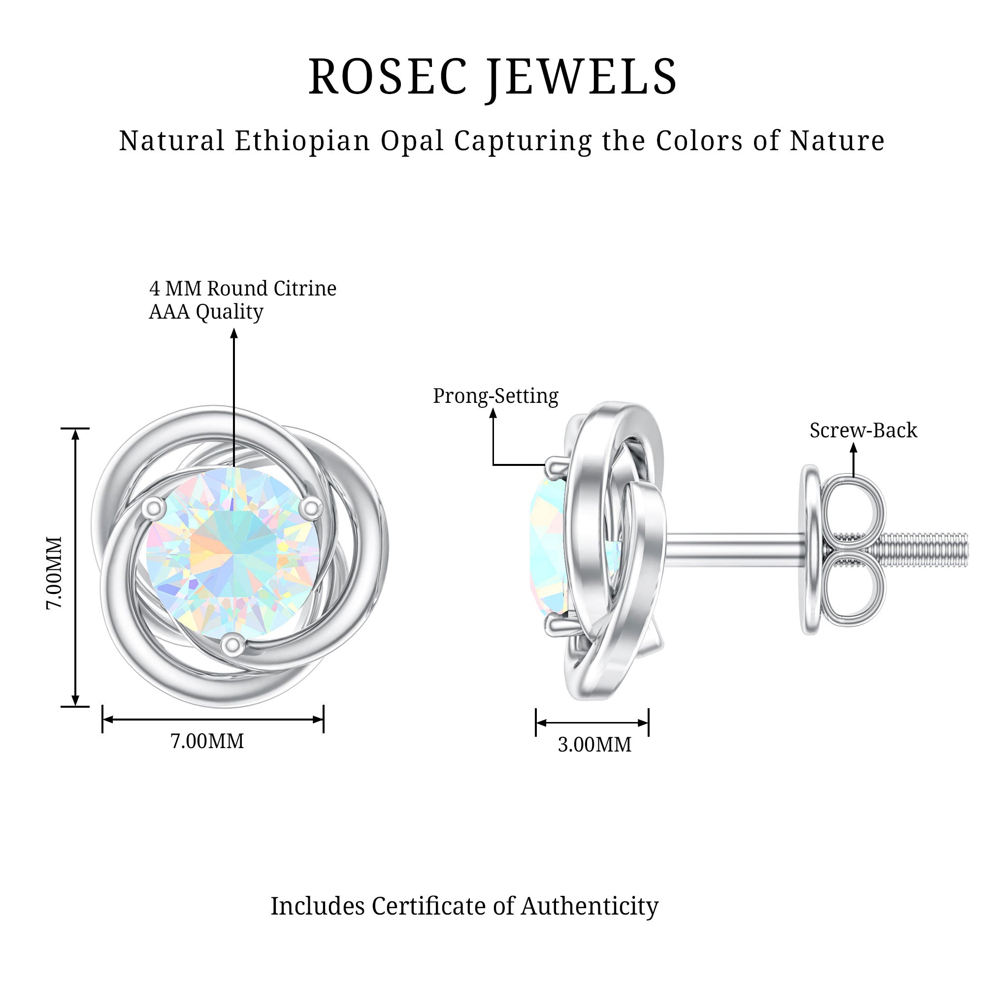 Round Cut Solitaire Ethiopian Opal Swirl Stud Earrings AAA - Rosec Jewels