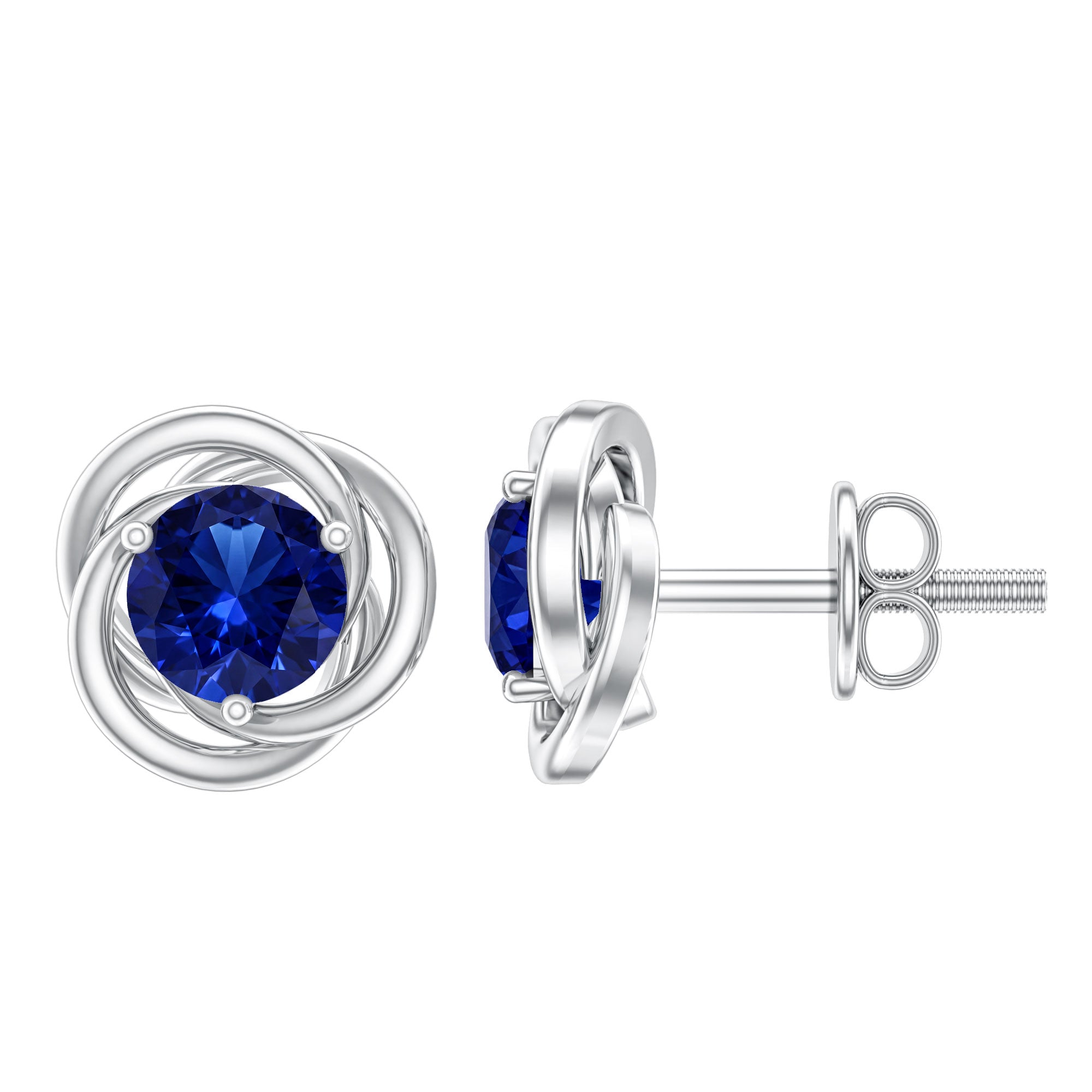 Created Blue Sapphire Solitaire Swirl Stud Earrings AAAA - Rosec Jewels
